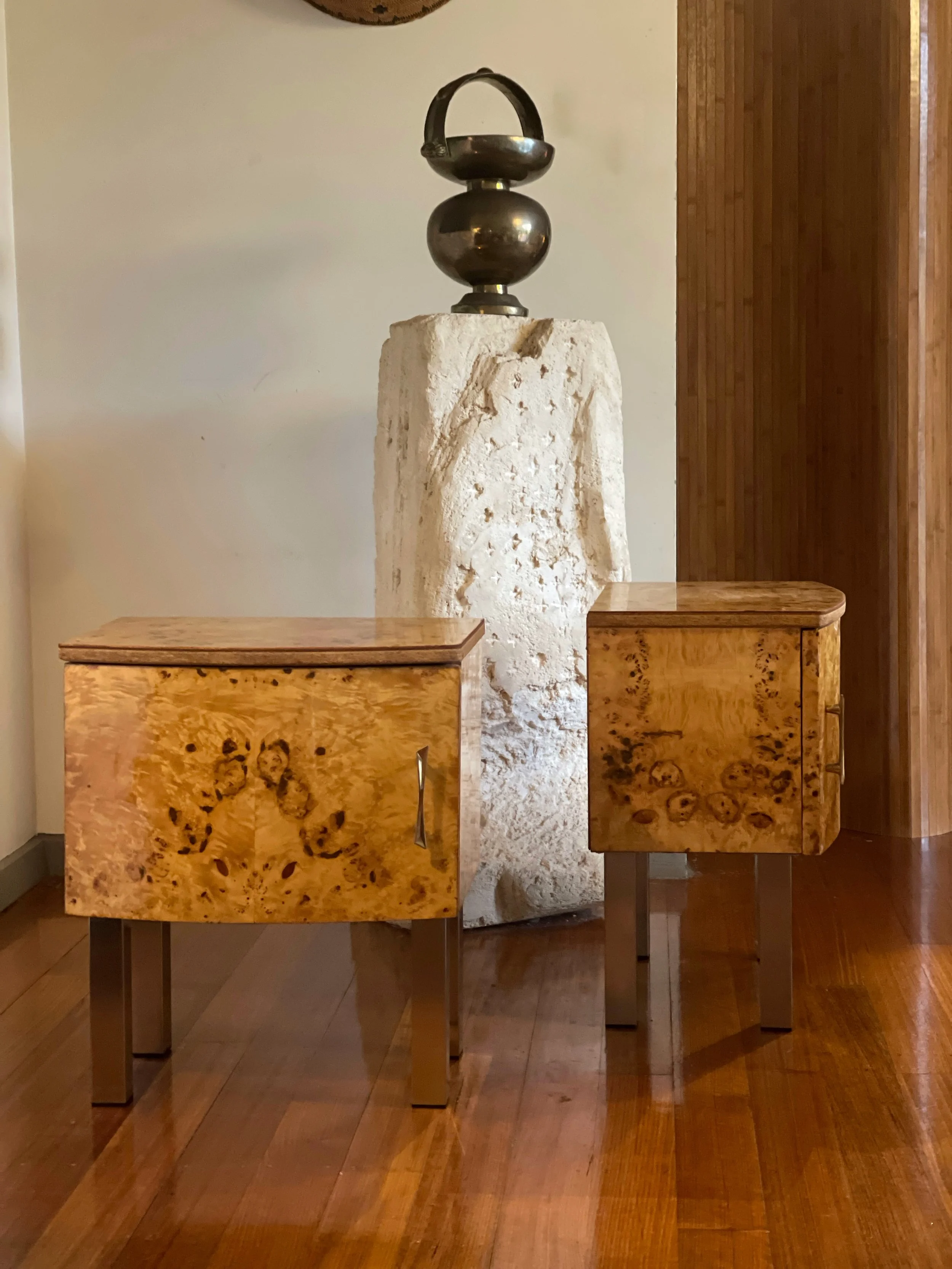 pair of curved burl bedside tables