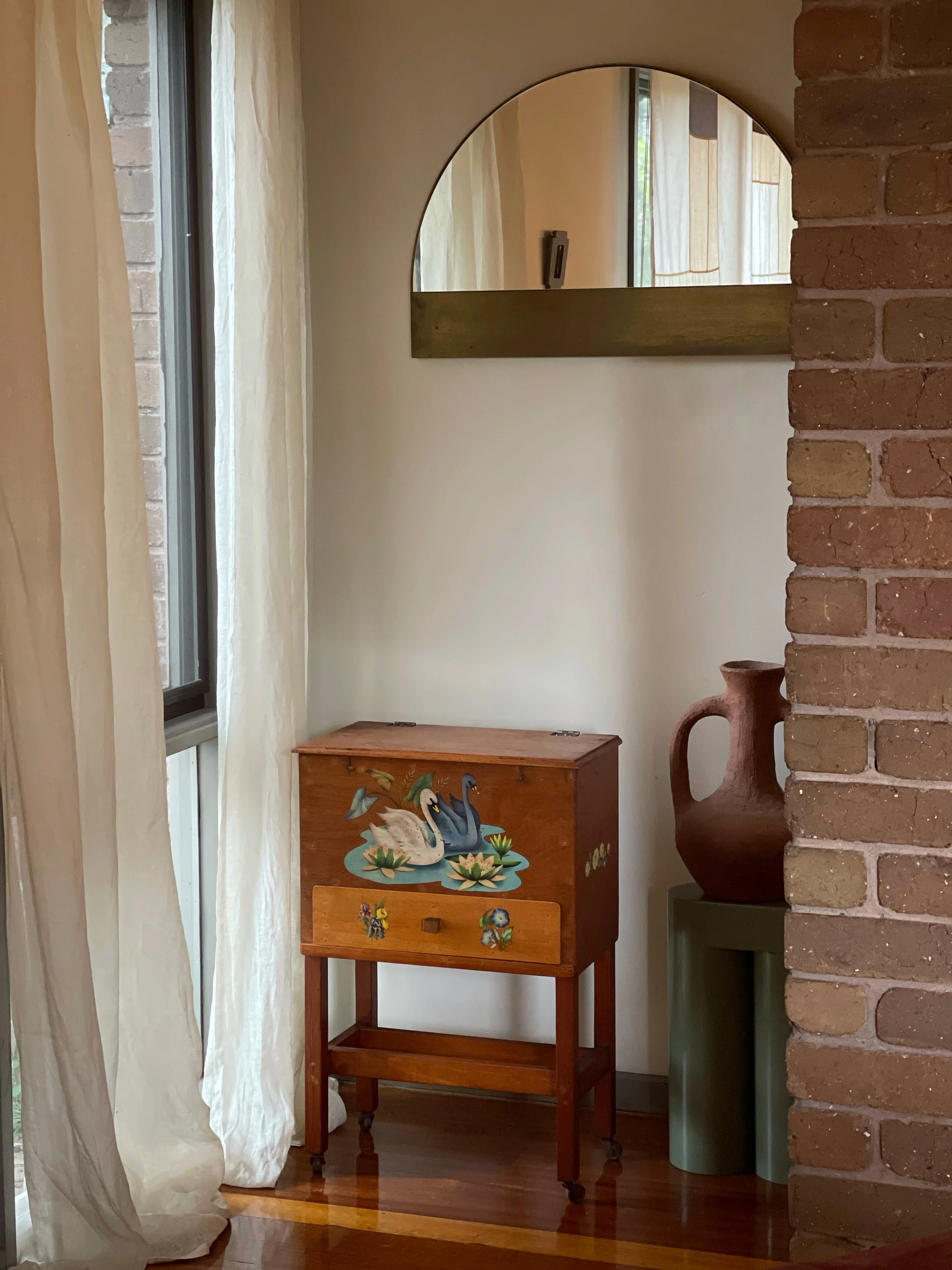 vintage folk-art swan sewing box table