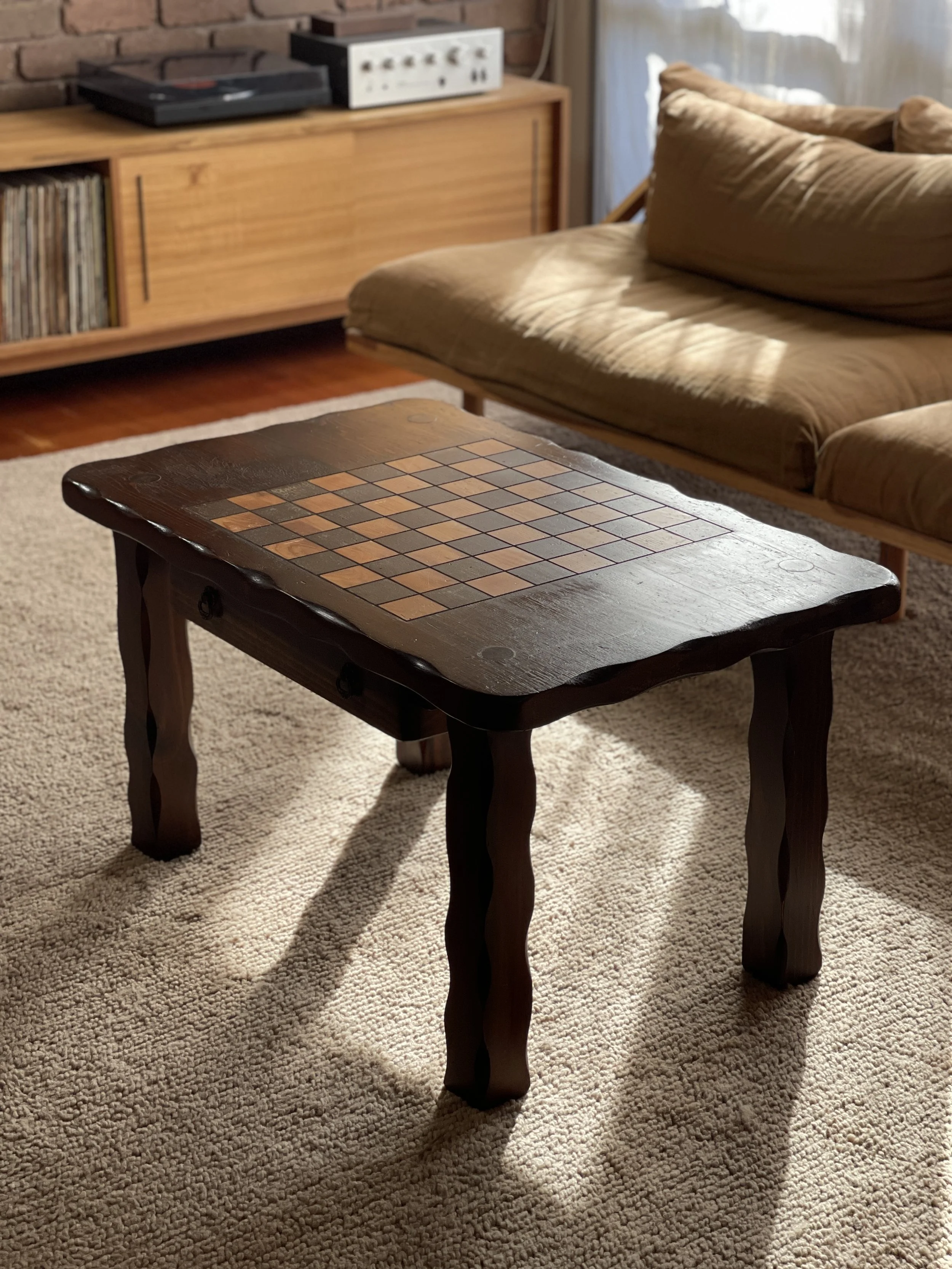 vintage brutalist coffee table with chessboard inlay