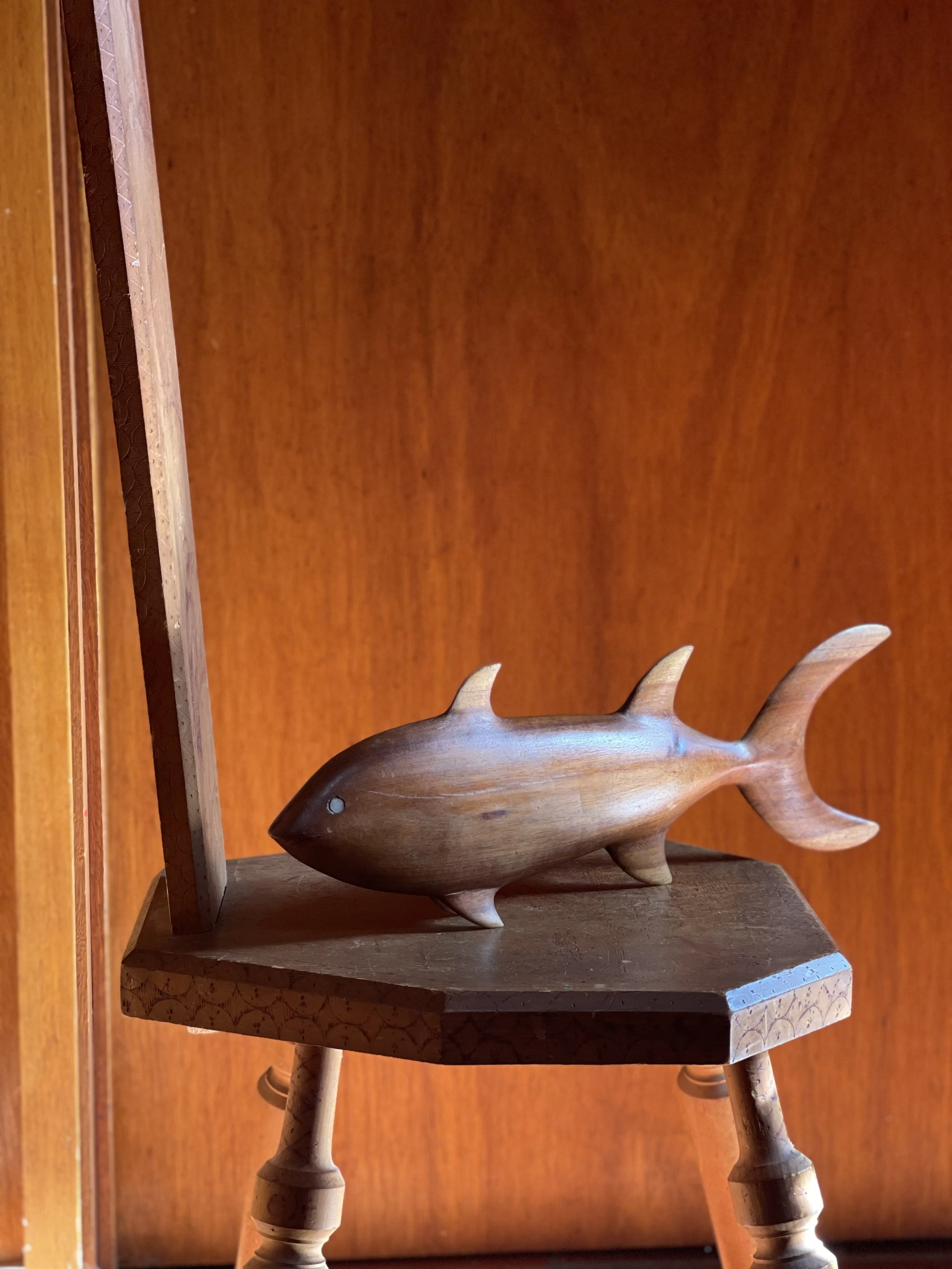 carved timber fish sculpture