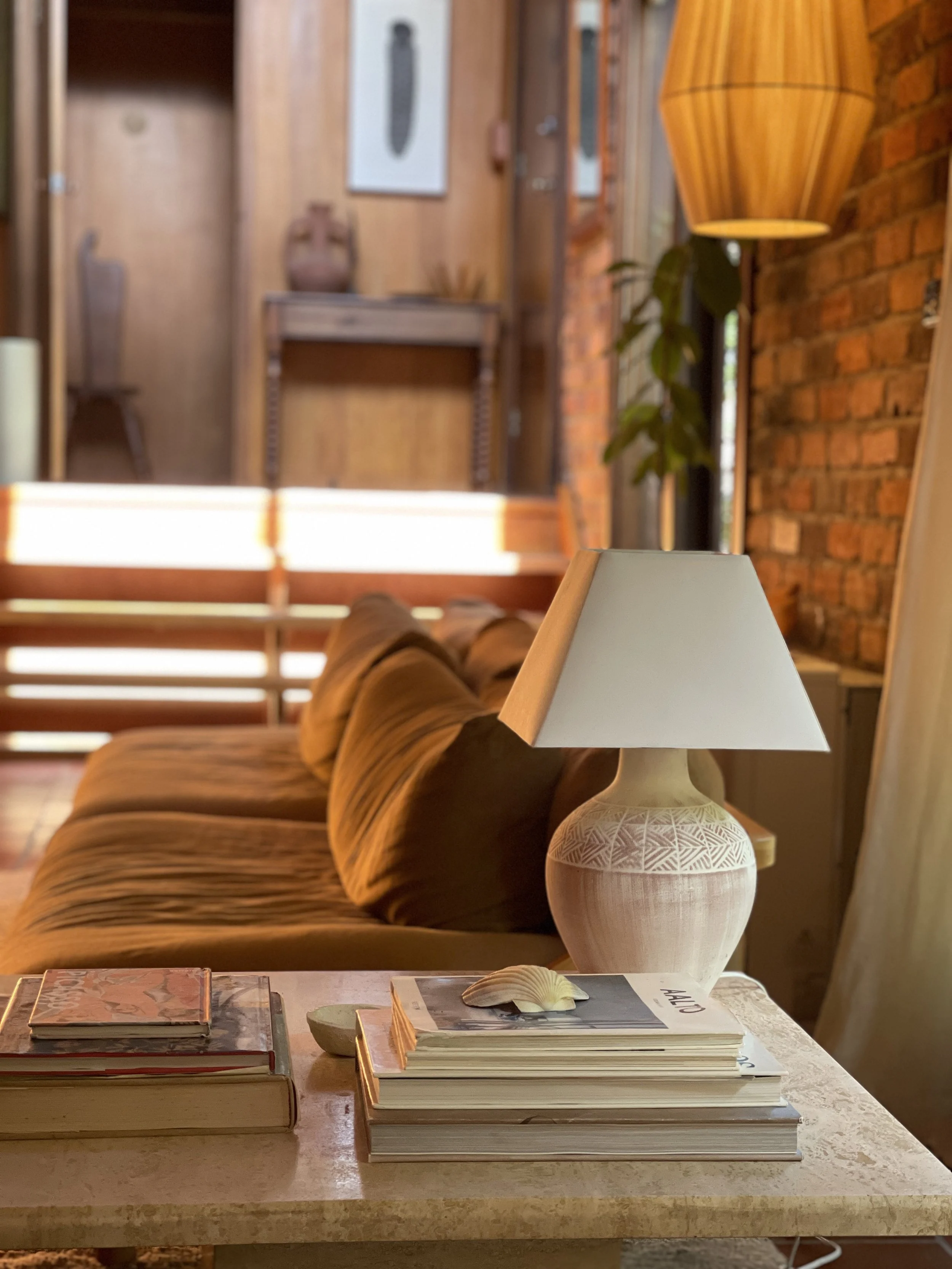 textural ceramic table lamp with fabric shade