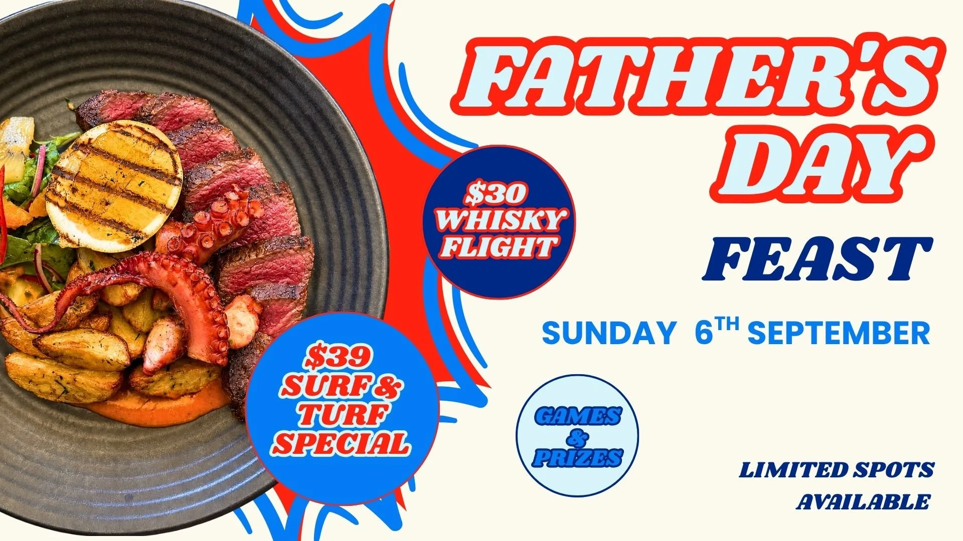 Father's day poster advertising father's day special, whisky flight, games and prizes on the 6th of September