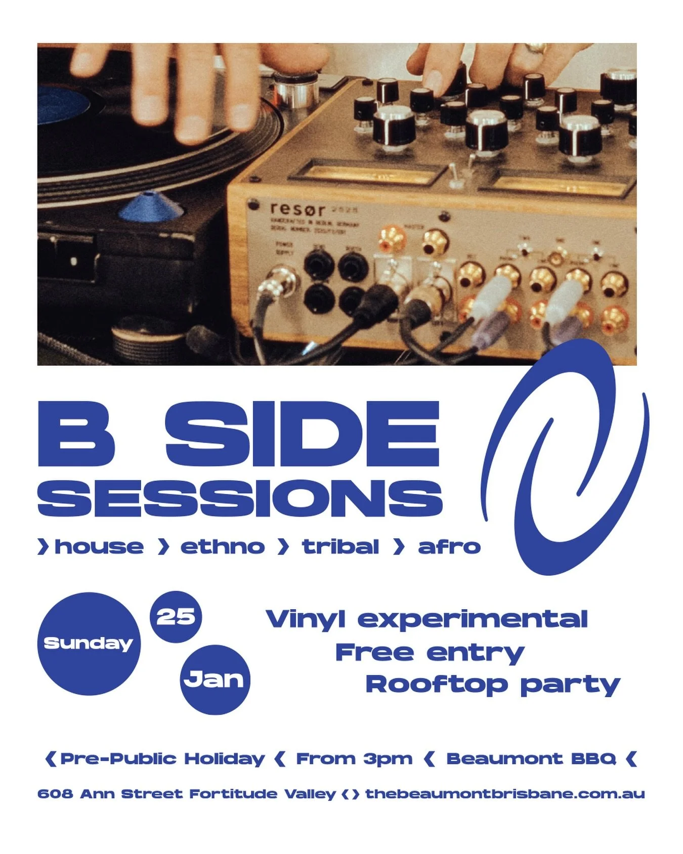 B Side Sessions lands on the Beaumont rooftop this pre&ndash;public holiday Sunday, bringing an afternoon of vinyl led sounds and off centre grooves. Expect deep cuts and global rhythms as DJs dig through house, tribal and afro, soundtracking a laid-