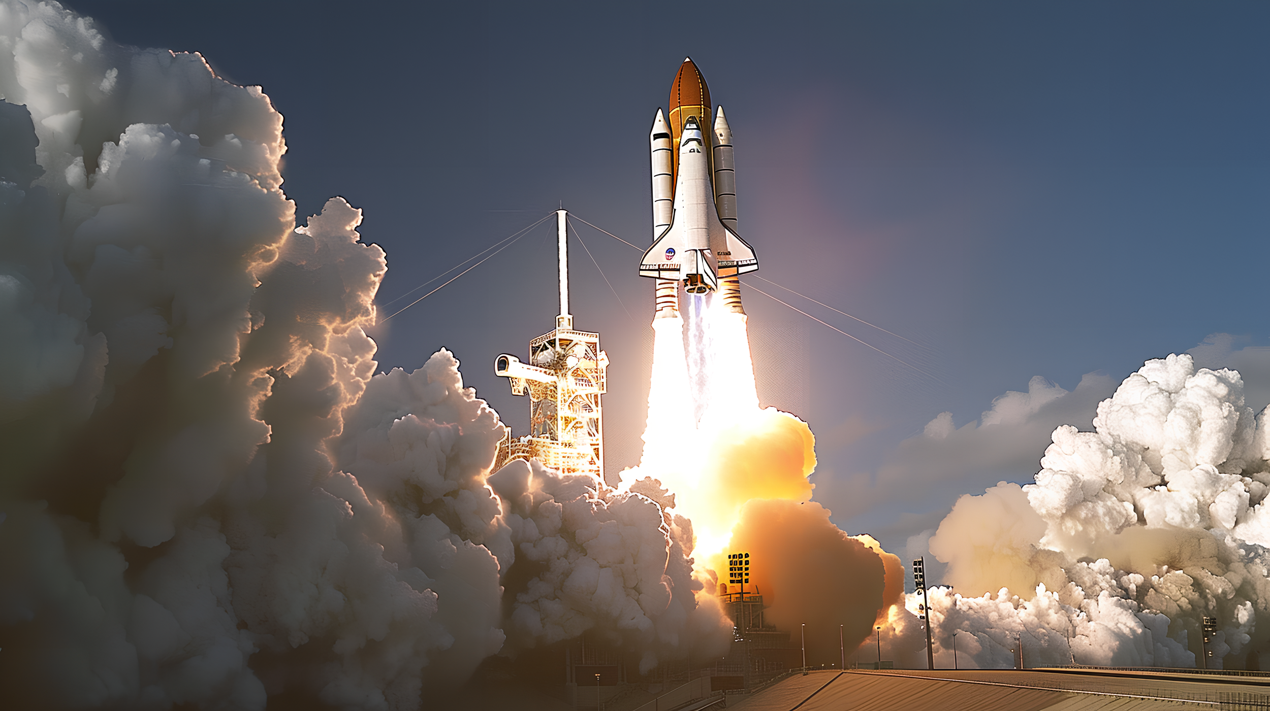 A space shuttle launches into the sky, surrounded by large clouds of smoke and exhaust, with the rocket engines glowing brightly.