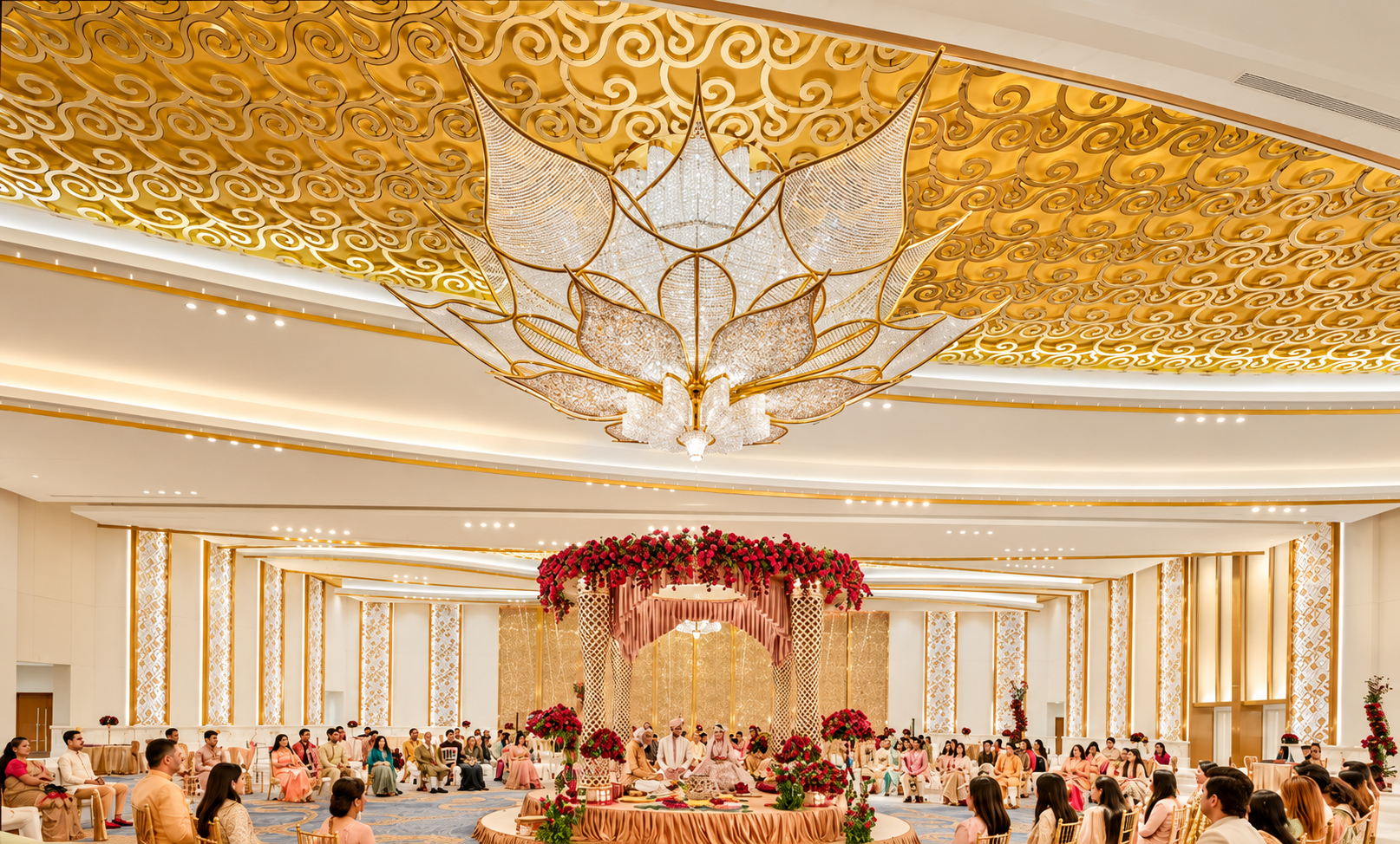 Wedding ceremony under a golden lotus ceiling at Jio World Convention Centre