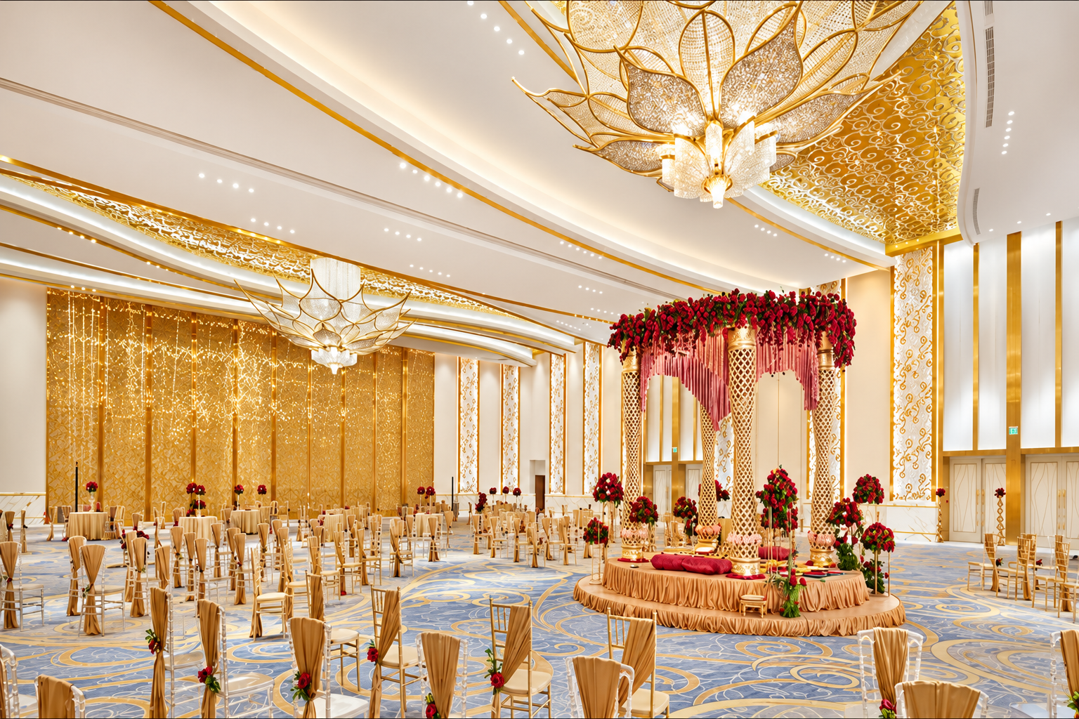 Golden lotus ceiling over a mandap at Jio World Convention Centre