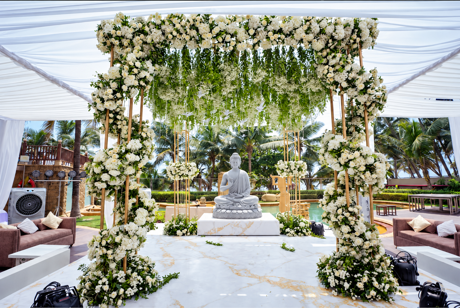 White floral canopy mandap by the sea at JW Marriott Mumbai Juhu