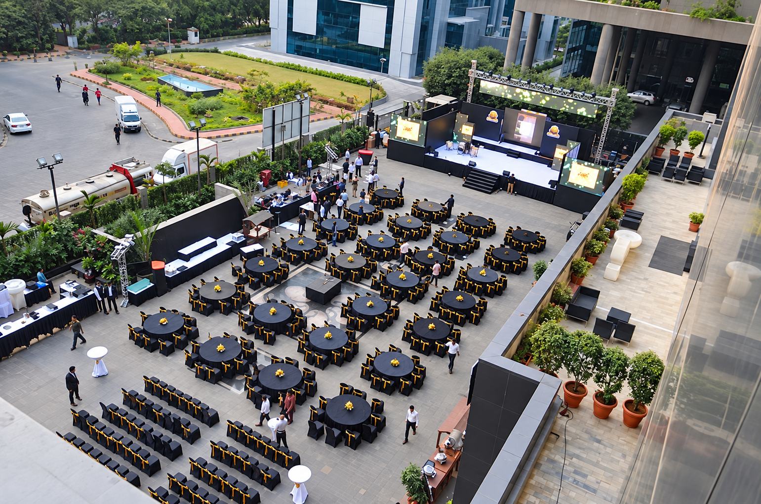 Aerial view of a rooftop event setup at Sofitel Mumbai BKC