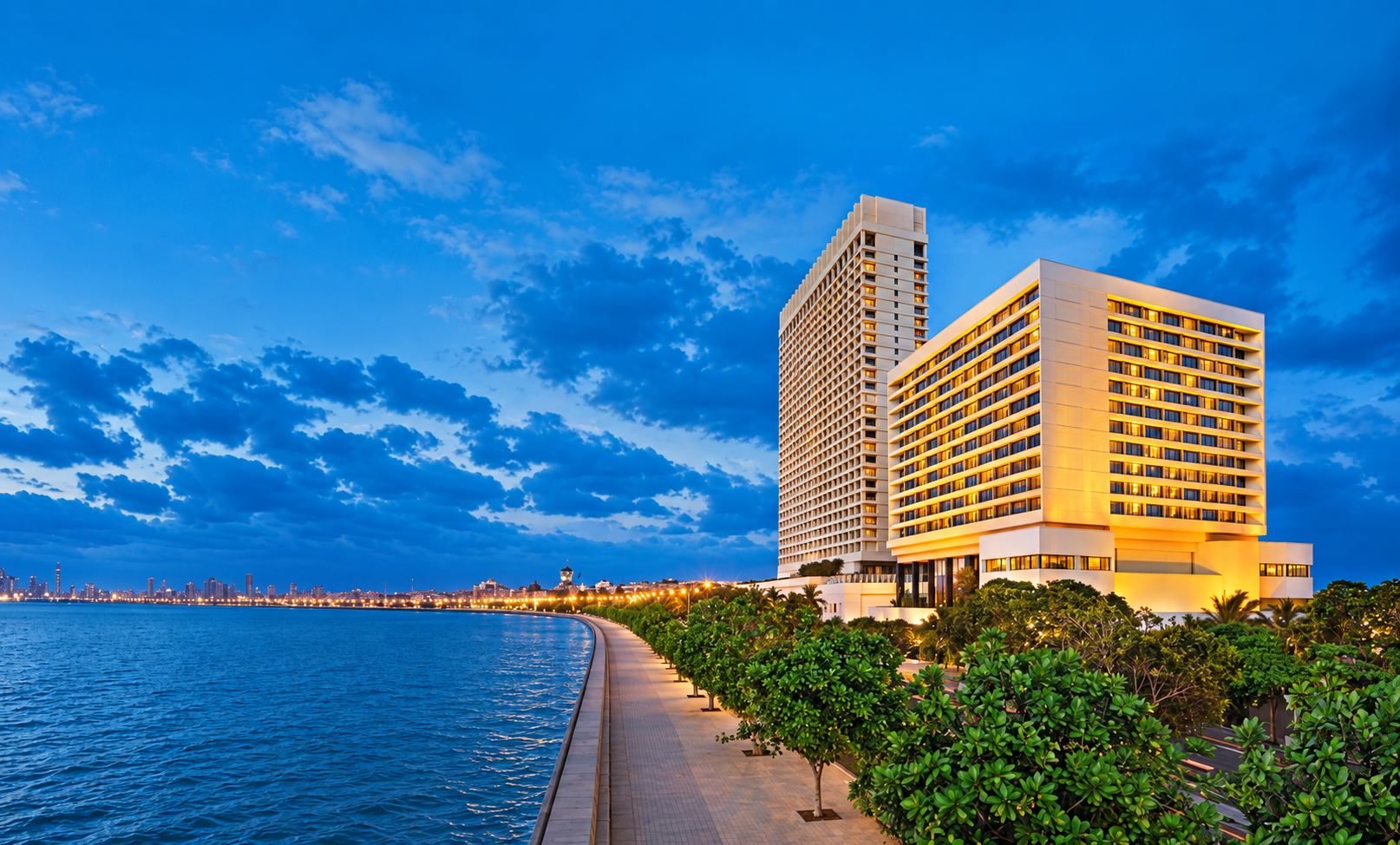 The Oberoi Mumbai on Marine Drive at dusk
