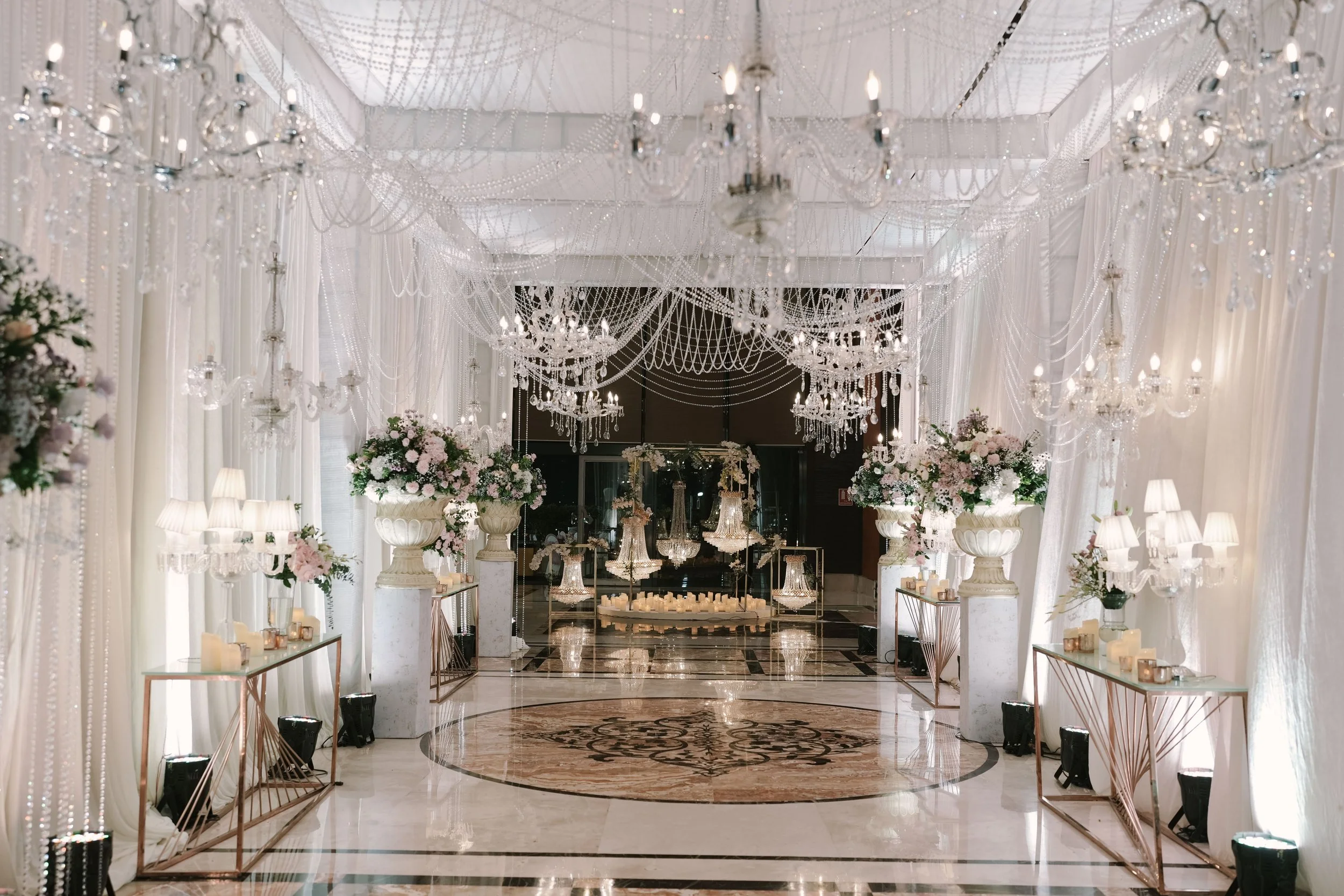 White crystal wedding stage at The St. Regis Mumbai