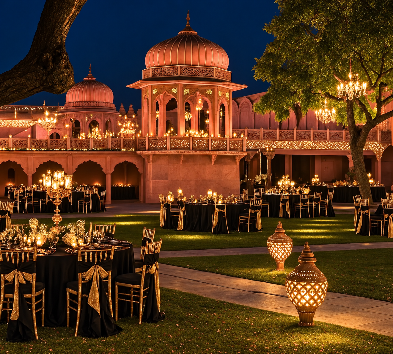 Palace wedding reception beneath glowing chandeliers.png