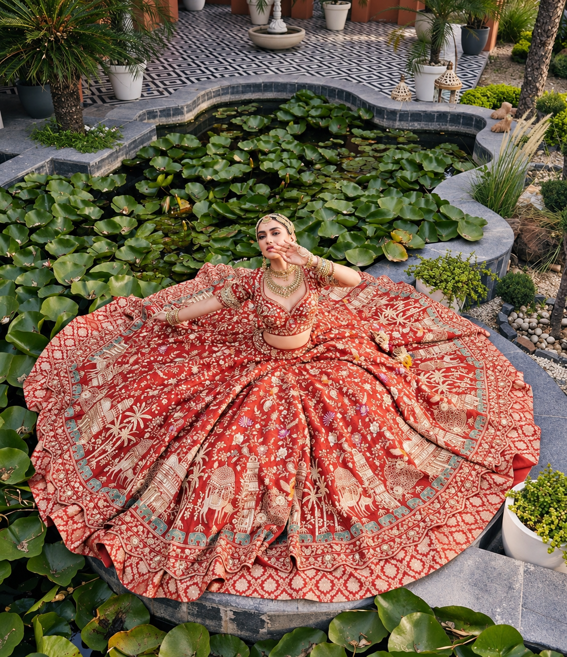 Red lehenga bride by the lily pond.png