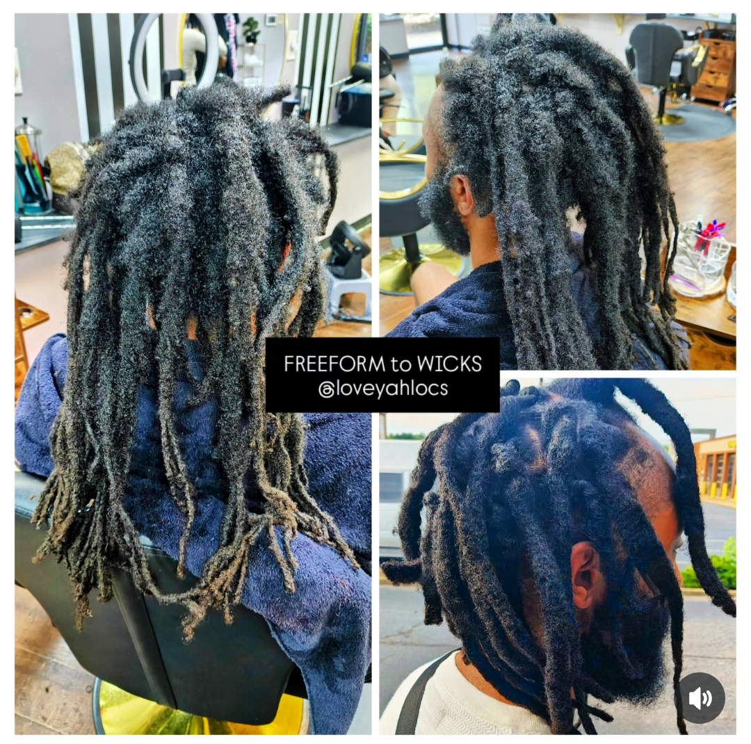 A collage of three photos showing a man's hair transformation from freeform dreadlocks to twisted dreadlocks. The first and second images show the hair before styling, and the third image shows the finished twisted dreadlocks. The caption in the center reads, 'FREEFORM to WICKS @loveyahlocs.'