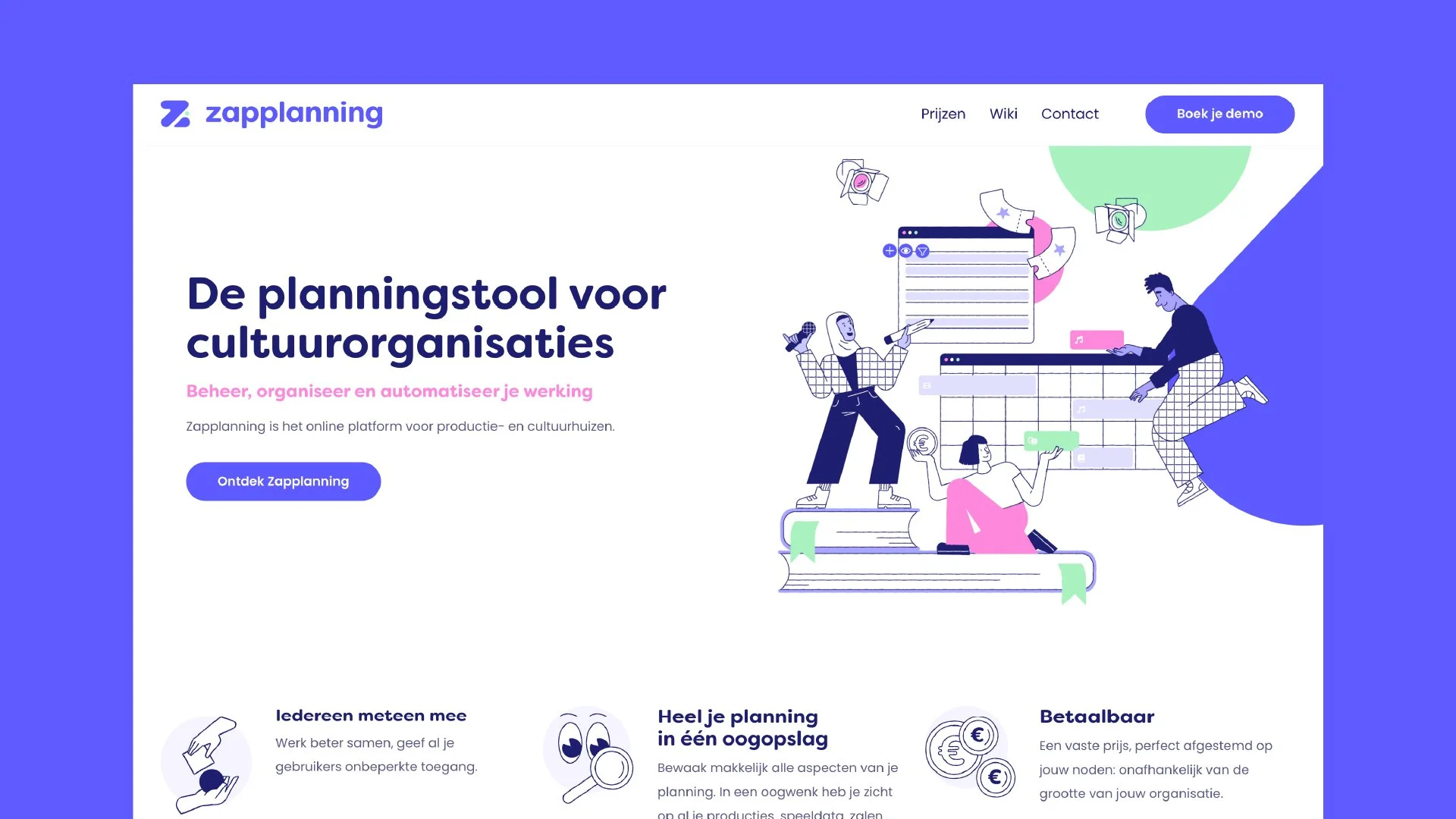 Illustratie van vier mensen die interactie hebben met een digitale planningssoftware, met kleurrijke grafische elementen en documenten op een blauw-witte achtergrond.