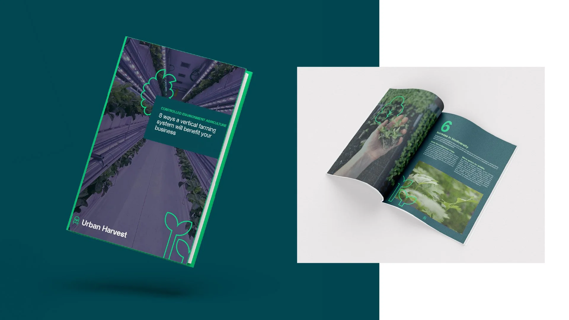 Een open boek met pagina's over milieuvriendelijk landbouw, met afbeeldingen van planten, hand die planten vasthoudt, en groene illustraties, op een witte achtergrond