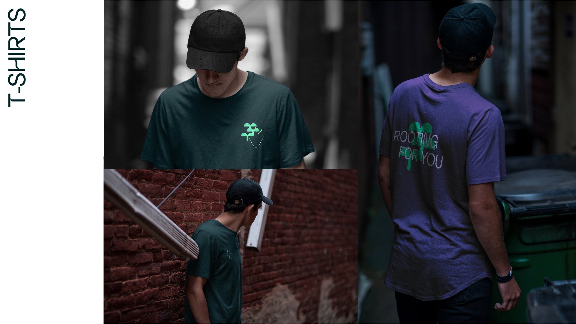 Drie jongens dragen T-shirts met grafische prints in een stedelijke omgeving.