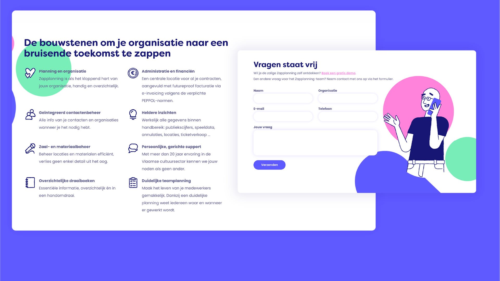 Een webpagina met informatie over organisatieplanning en een formulier voor contact. Tekst in het Nederlands en kleurrijke illustratie van een lachende persoon die belt.