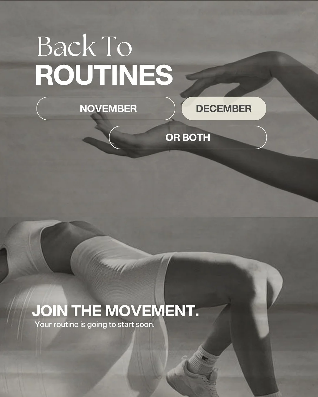 BACK TO ROUTINES
An offer to reach your goals this year.
Join us on November 1st and challenge yourself for the next 4-8 weeks. 
Choose between 3 programs and step into your routine. Let‘s end 2025 together feeling our best. 
*All current mem