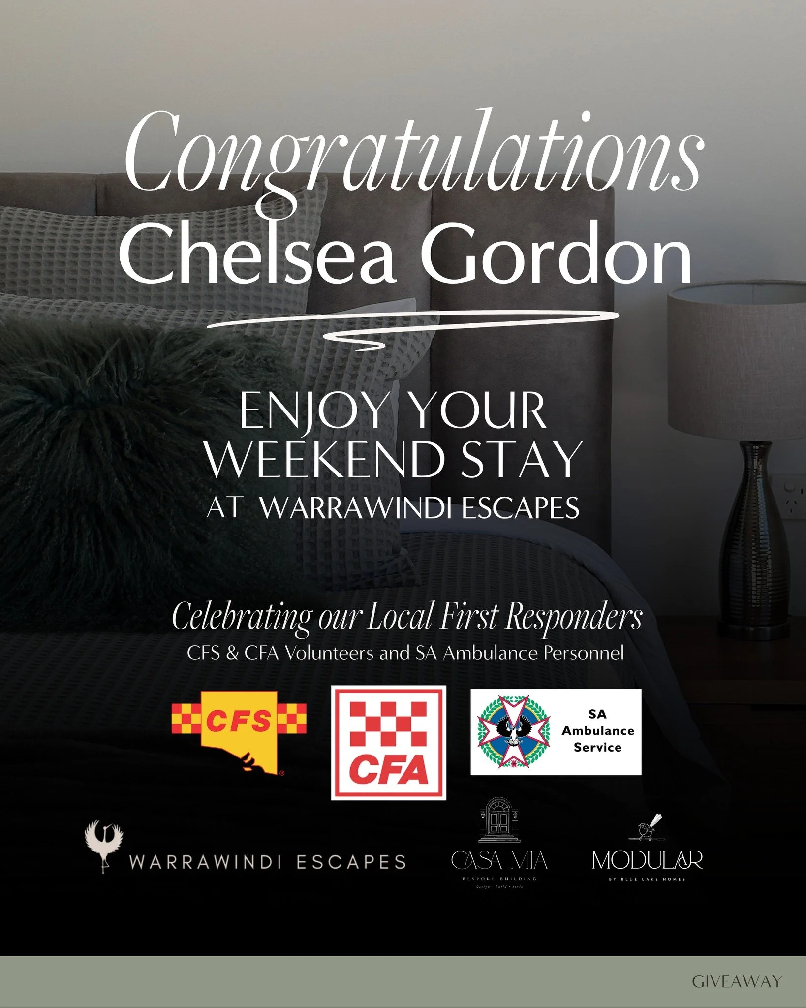 And the Winner is... 
Chelsea Gordon! 

Congratulations and enjoy your beautiful weekend stay at Warrawindi Escapes 

Thank you to everyone who tagged all the amazing local first responders, it is wonderful to be able to acknowledge and say thank you