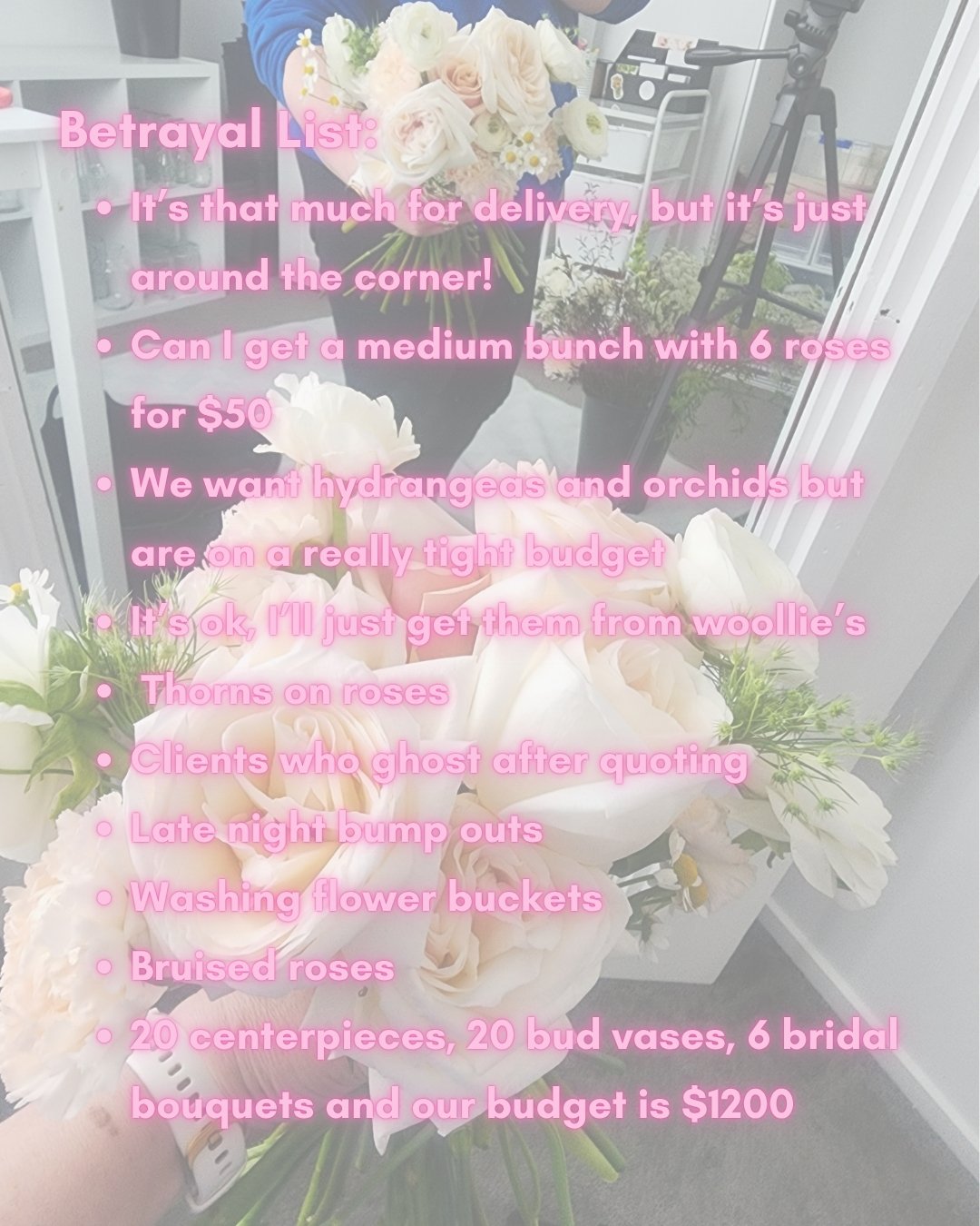 Couldn't resist jumping on this trend (bit late to the party lol).

I'm home from surgery recovering, back to normal on Wednesday 22nd

#betrayallist #pinkpetalsbrisbane #kanye #betrayalist #ﬂoristlife #floristmeme #humor #iykyk #brisbaneflorist #wed