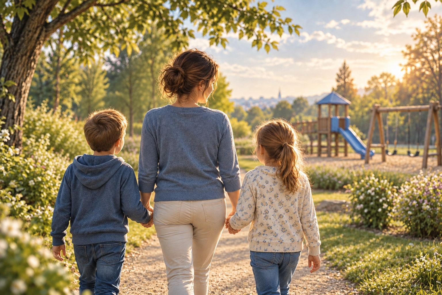 KI-generiertes Symbolbild zur Wiederannäherung: Eine Mutter geht mit einem Jungen und einem Mädchen auf einen Spielplatz zu.