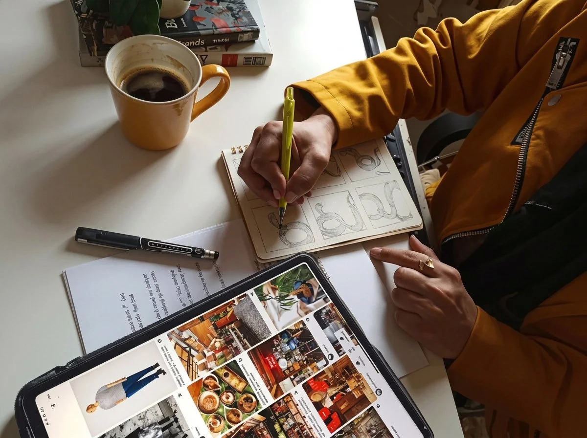 A person in a yellow jacket is sitting at a white table, sketching letters or designs in a notebook. There is a yellow mug filled with coffee, a black pen, a printed sheet, a tablet displaying a food and interior design website, and some books on the table.
