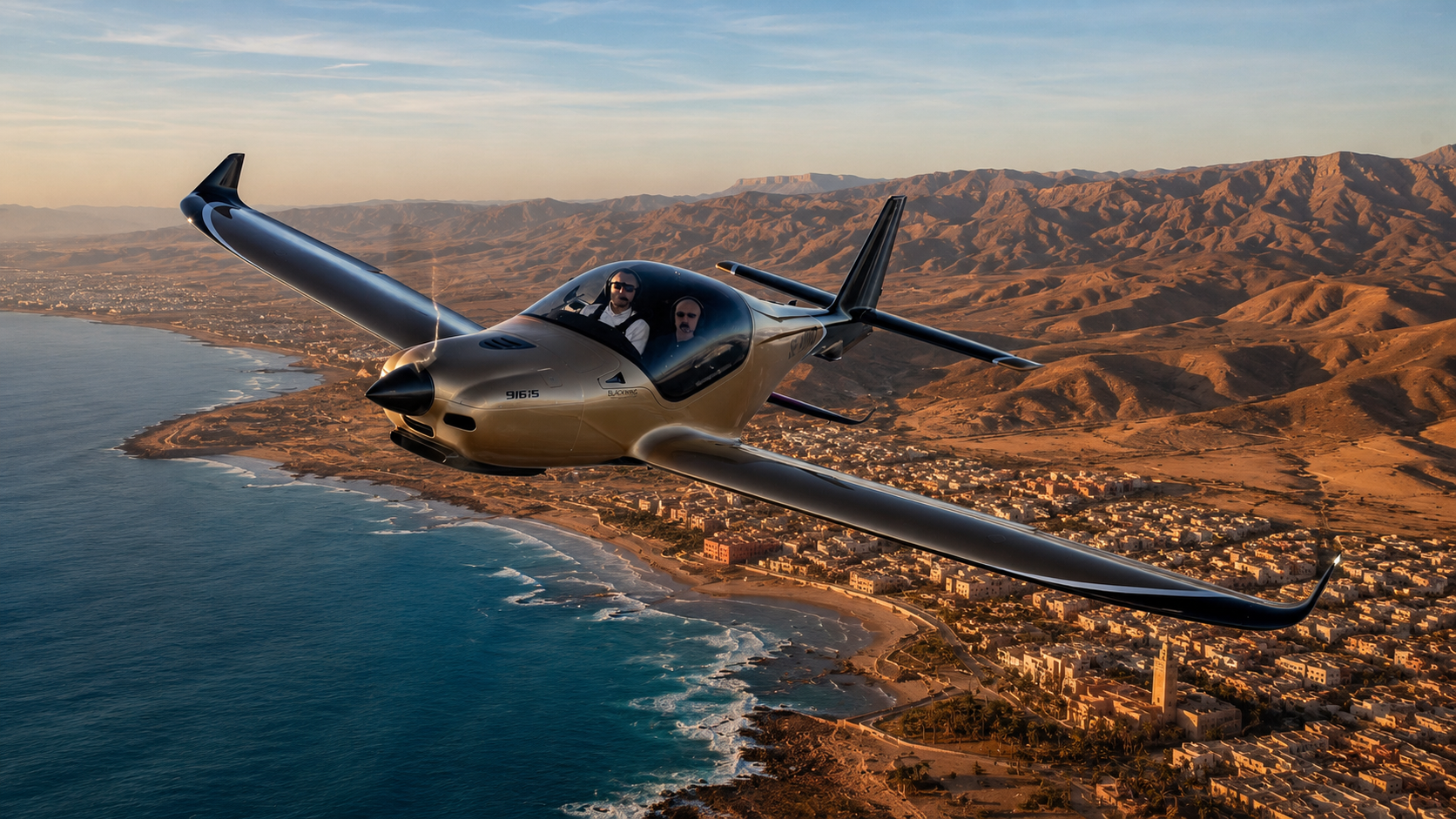 A sleek, modern aircraft flying over a lush green landscape of trees and fields during sunset.