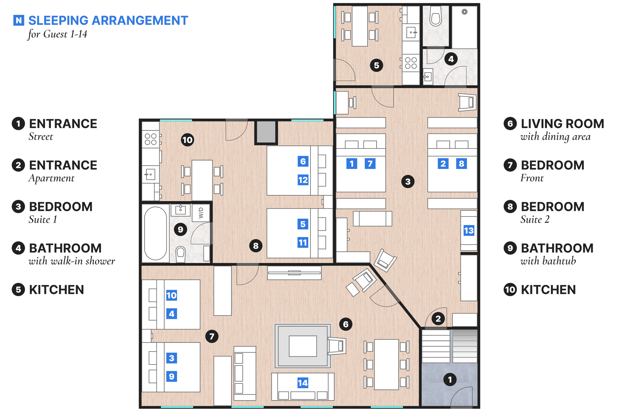 apartment floorplan and bed layout