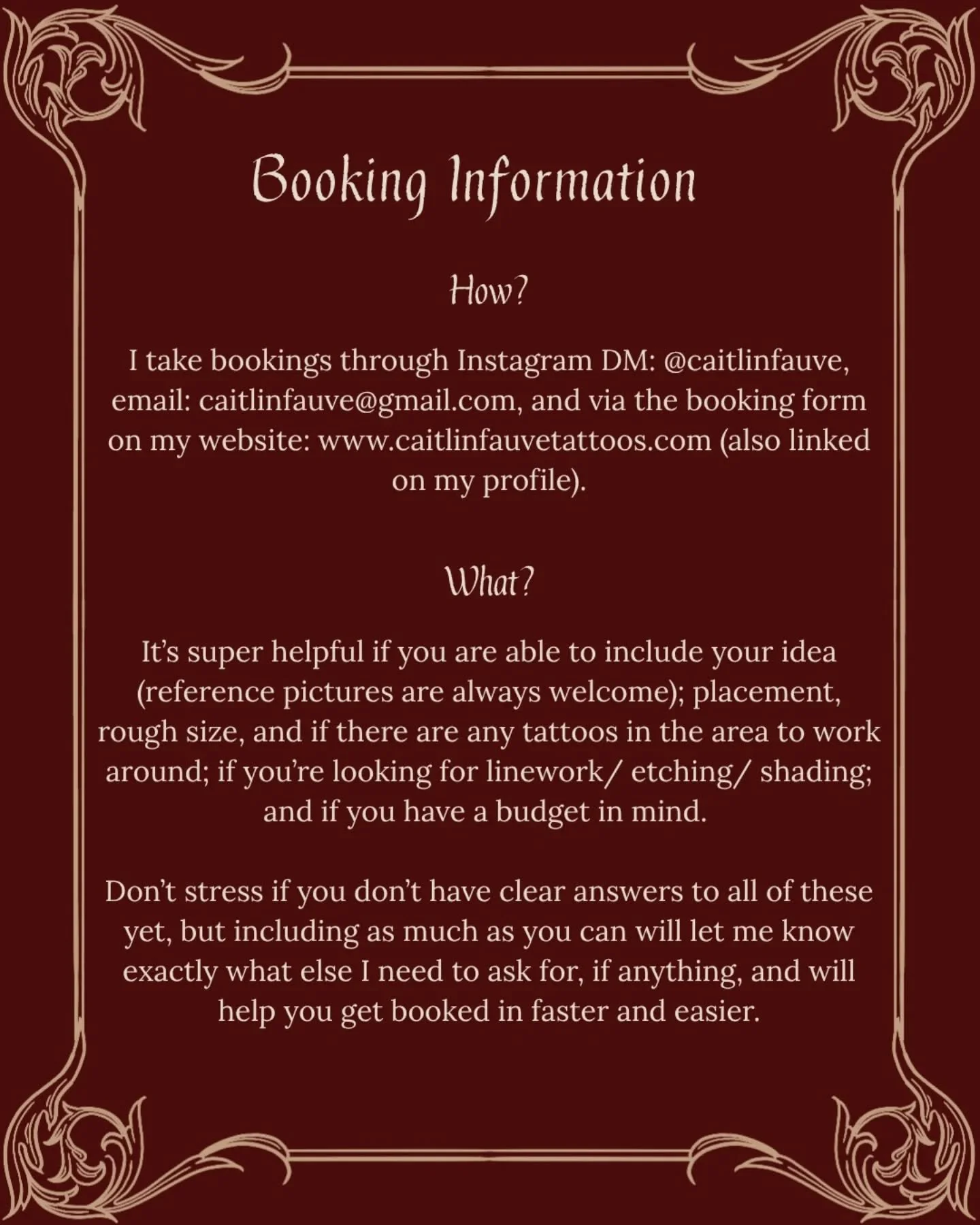 Everything you need to know to book in with me 🖤

If you have any other questions, just drop me a DM 🦇 

Can't wait to be tattooing in Glasgow soooon 🫶