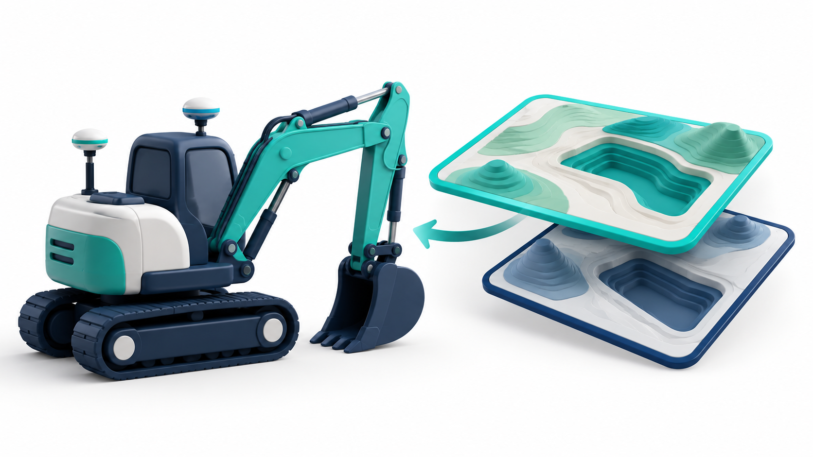 Original AI-generated clay illustration for 22 October 2026: an excavator with positioning receivers beside approved terrain surfaces, illustrating controlled model-to-machine handover.