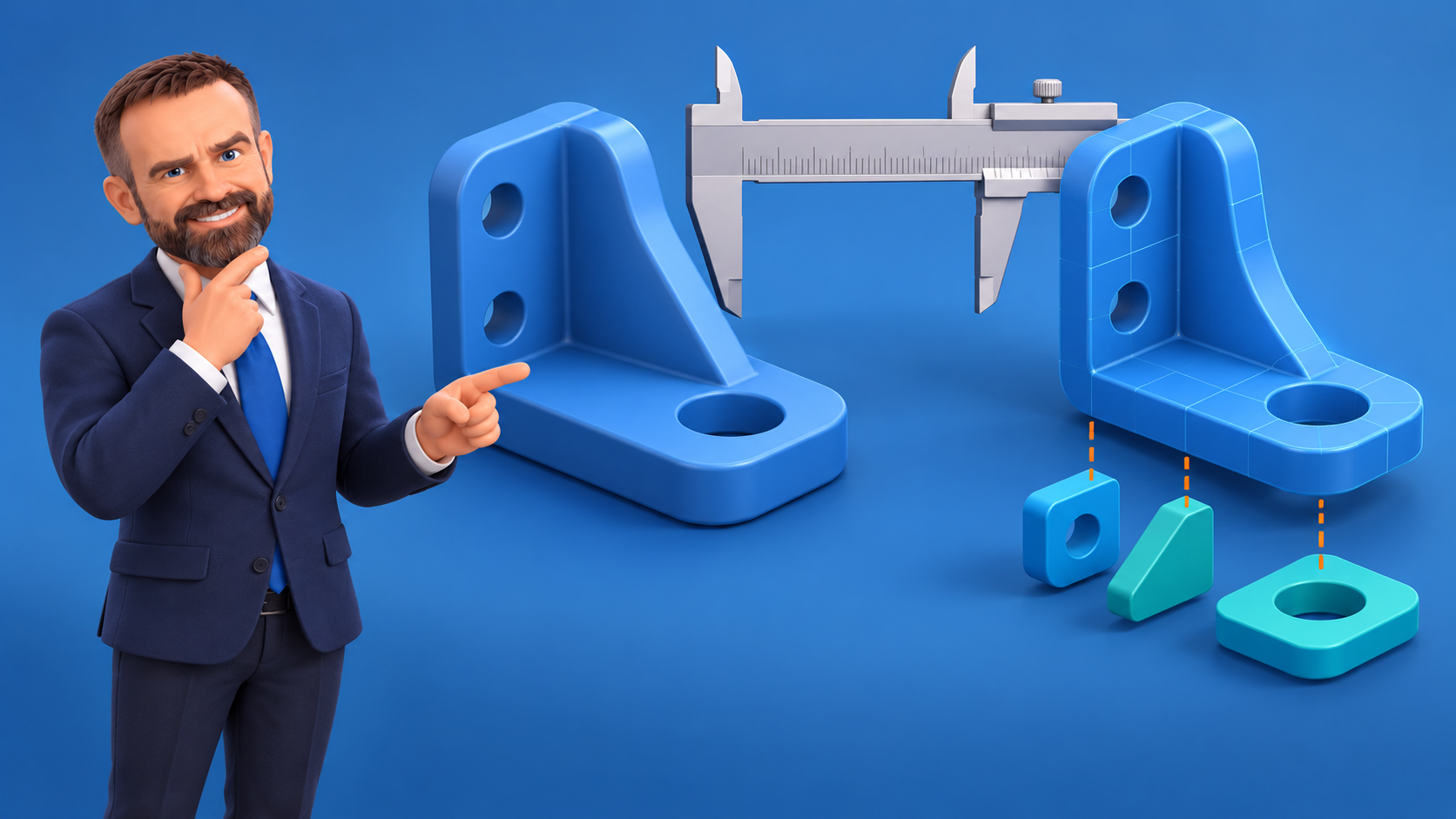Conceptual clay illustration of two mechanical brackets, reconstructed feature blocks and a caliper, with a presenter comparing geometry.