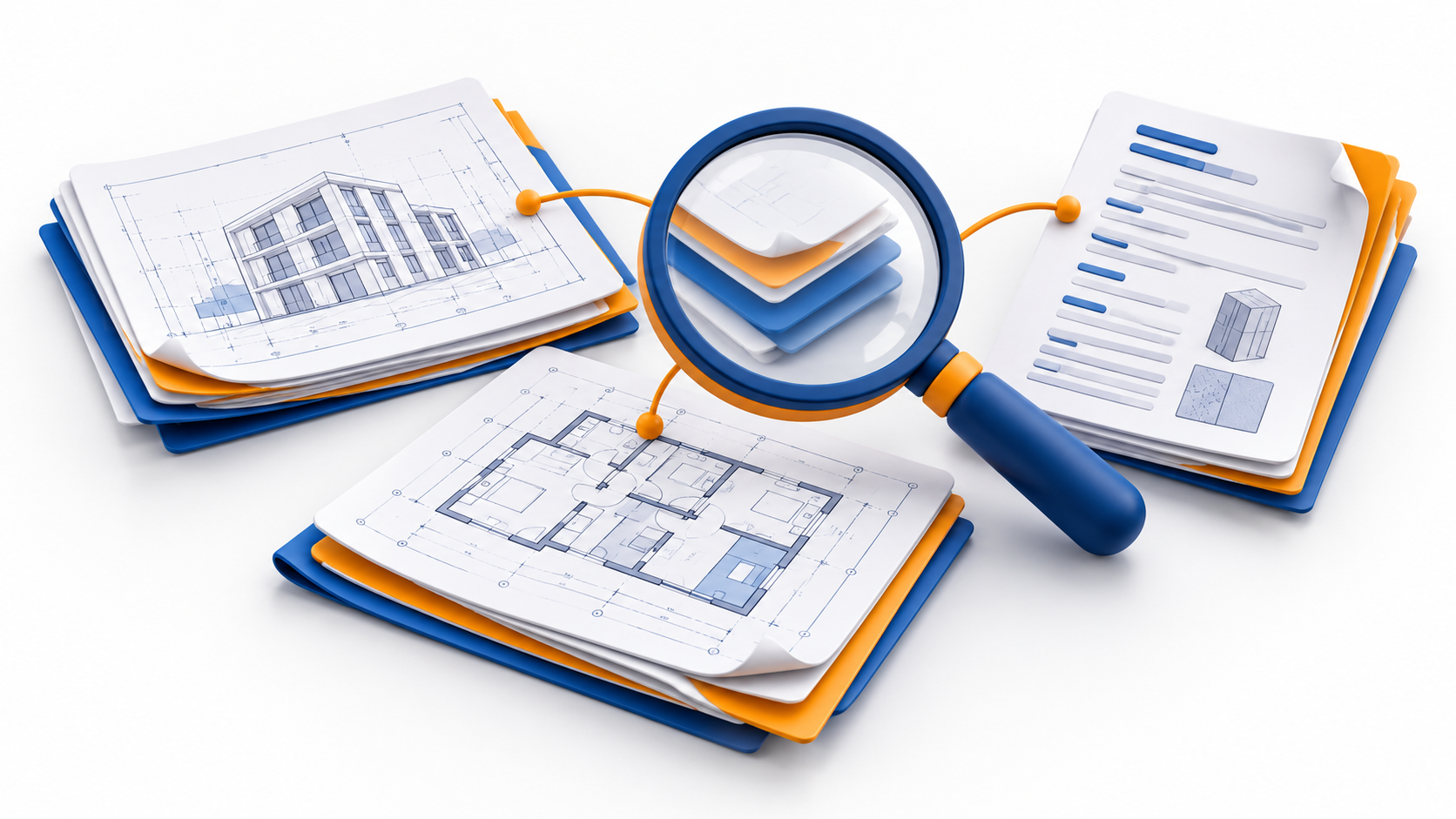 Original AI-generated clay illustration for 22 October 2026: construction drawings and specification documents examined through a magnifying glass, illustrating source-linked drawing risk review.