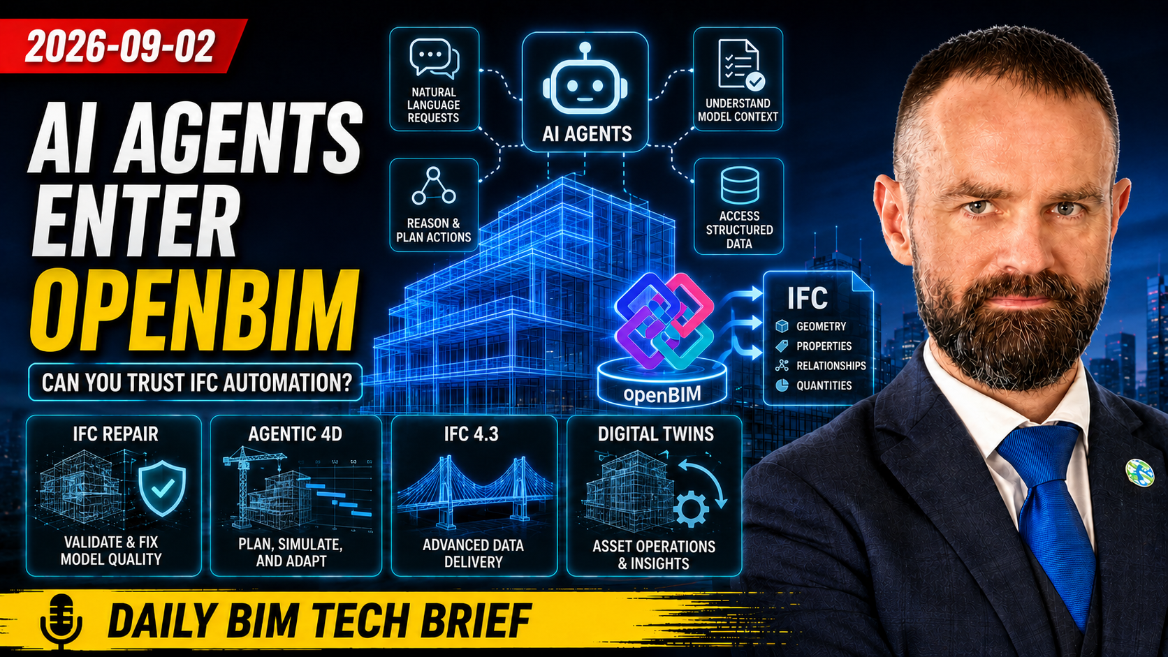 Original BIMETI news thumbnail dated 2 September 2026: AI agents and openBIM evidence.