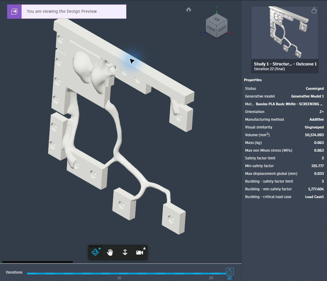 Fusion front-deck outcome at iteration 22, status Converged, after adding neighbouring geometry and fastener spaces as obstacles. Displayed metrics apply only to this idealised study, not the complete shelf.