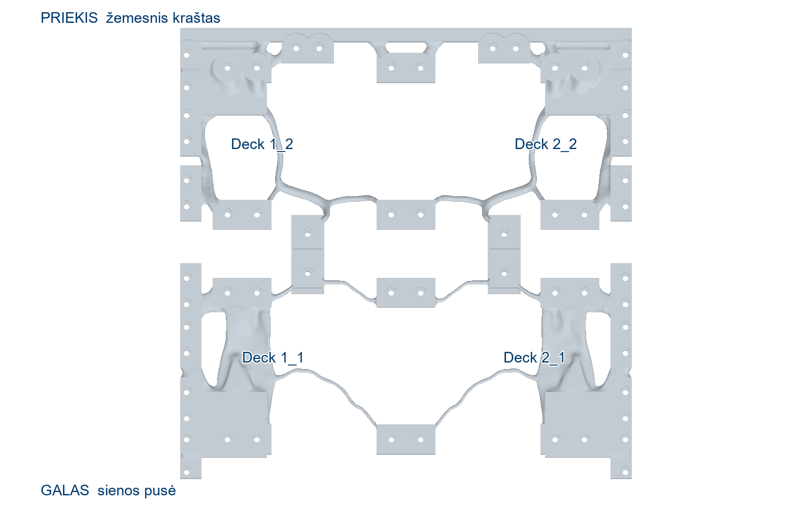 Original assembly-guide top view of four deck segments with preserved support and fastener zones. Front/lower shelf edge is at the top; wall side at the bottom.