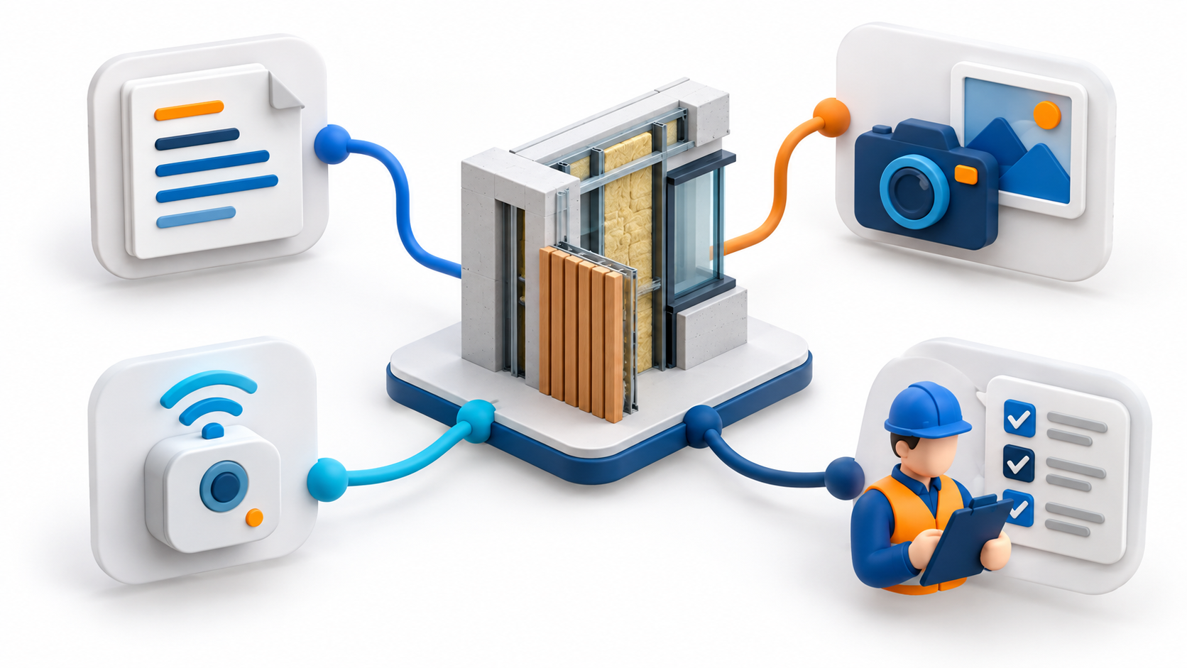 AI-generated clay illustration of a BIM wall model connected to specifications, photographs, sensors and a human review checklist: evidence before an AI answer.