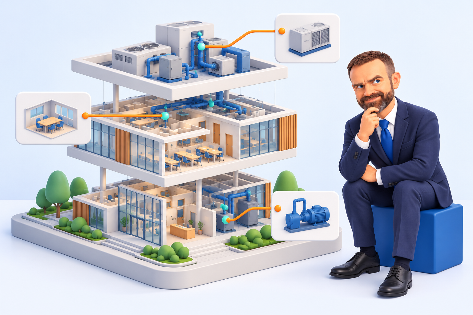 Original 15 October 2026 clay-style conceptual illustration: an operational digital twin. Not a product screenshot or verified project model.