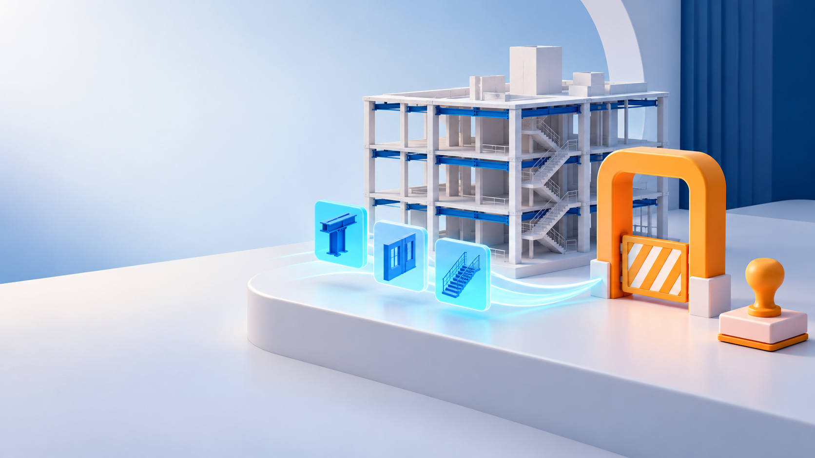 Conceptual clay illustration of a human review gate between an AI-assisted building model and an approved engineering result.