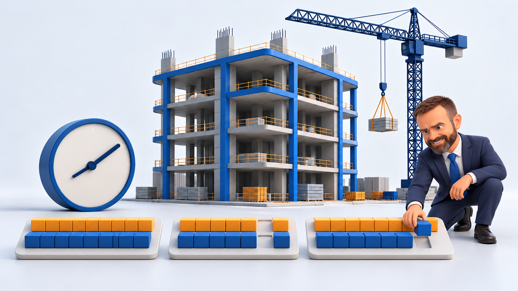 Original 13 October 2026 clay-style conceptual illustration: Buildots benchmarks separate promises from delivery. Not a product screenshot or verified project model.