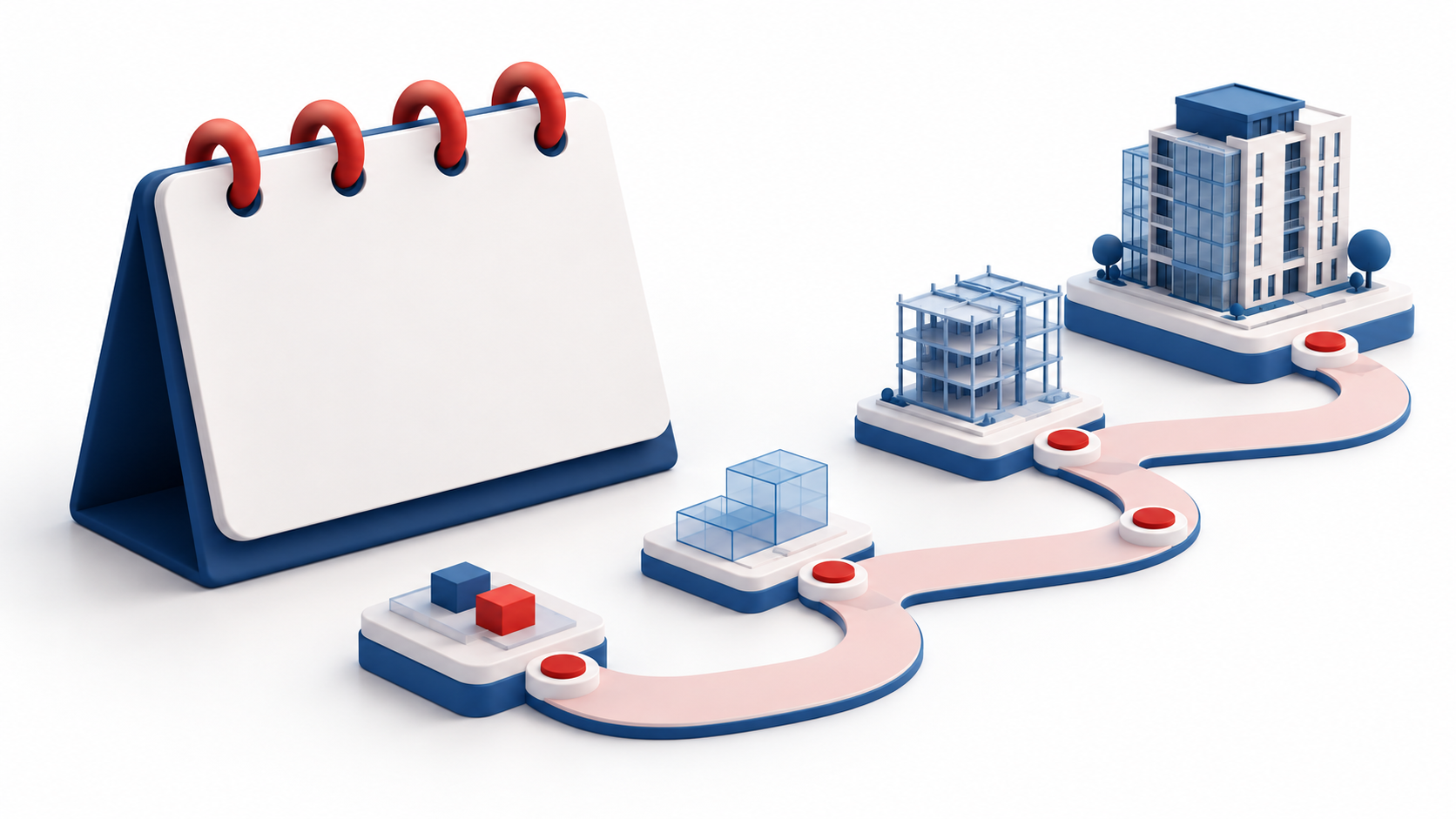 AI-generated clay illustration of a blank calendar, BIM building and linked model blocks, representing preparation for a coordinated Revit cloud migration.