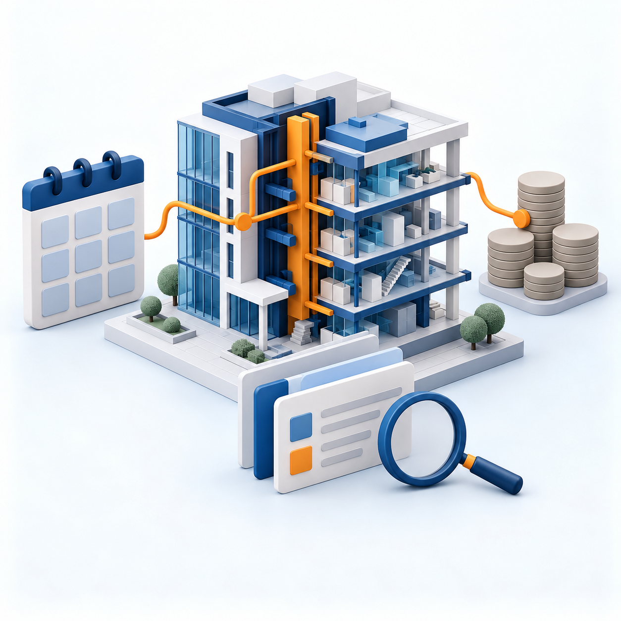 Original AI-generated clay artwork for 19 October 2026: an IFC building model linked to a calendar, quantities and costs, illustrating a research workflow.