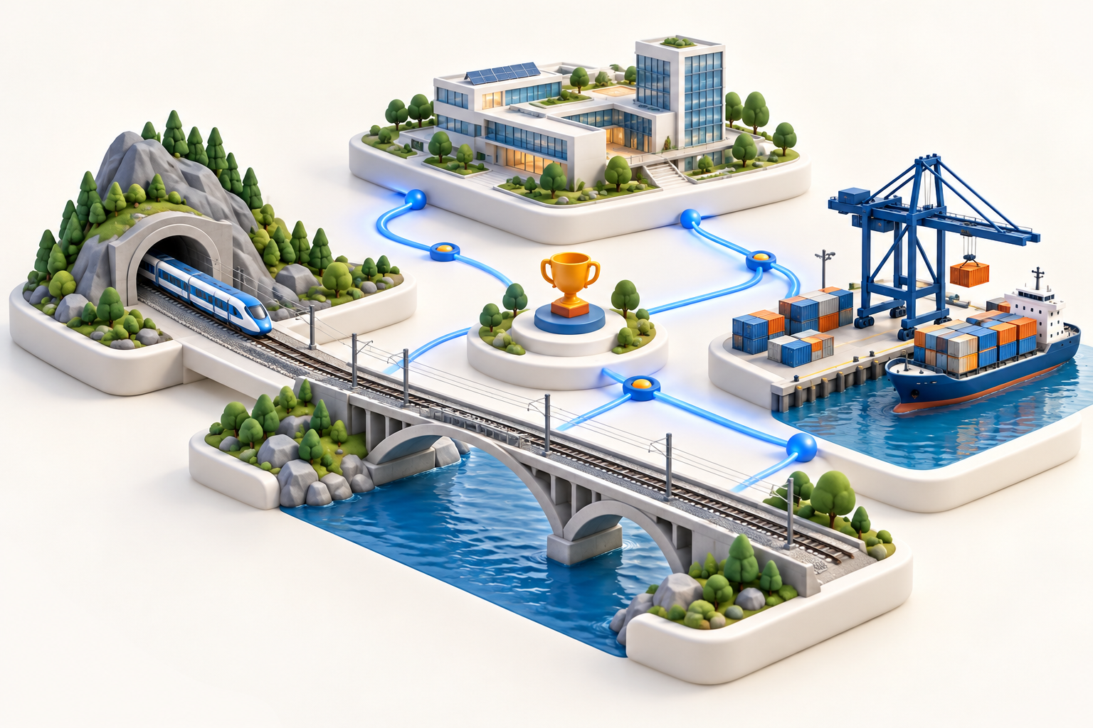 Original 16 October 2026 clay-style conceptual illustration: Bentley infrastructure awards. Not a product screenshot or certified project model.