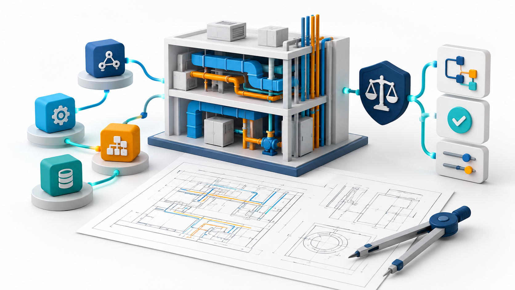 Original AI-generated clay artwork for 20 October 2026: an engineering model, service drawings and accountability symbols, illustrating AI within a professionally governed engineering service.