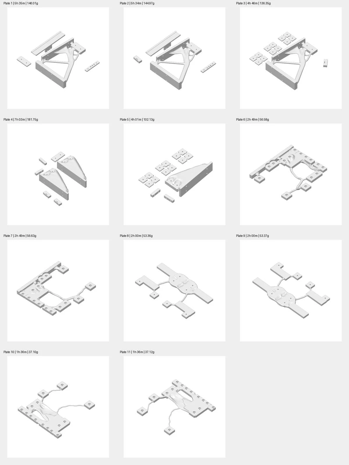 Documented v045 print preparation: 32 shelf components distributed across 11 Bambu Studio plates. Slicer estimates, not photographs of printed parts.