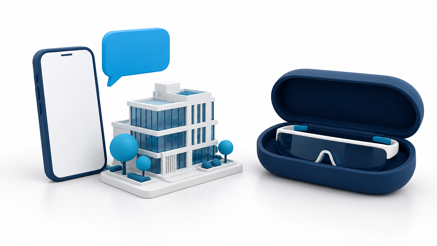Original AI-generated clay illustration for 22 October 2026: a phone, speech bubble, building model and smart glasses, illustrating separately limited voice AI and wearable beta capabilities.