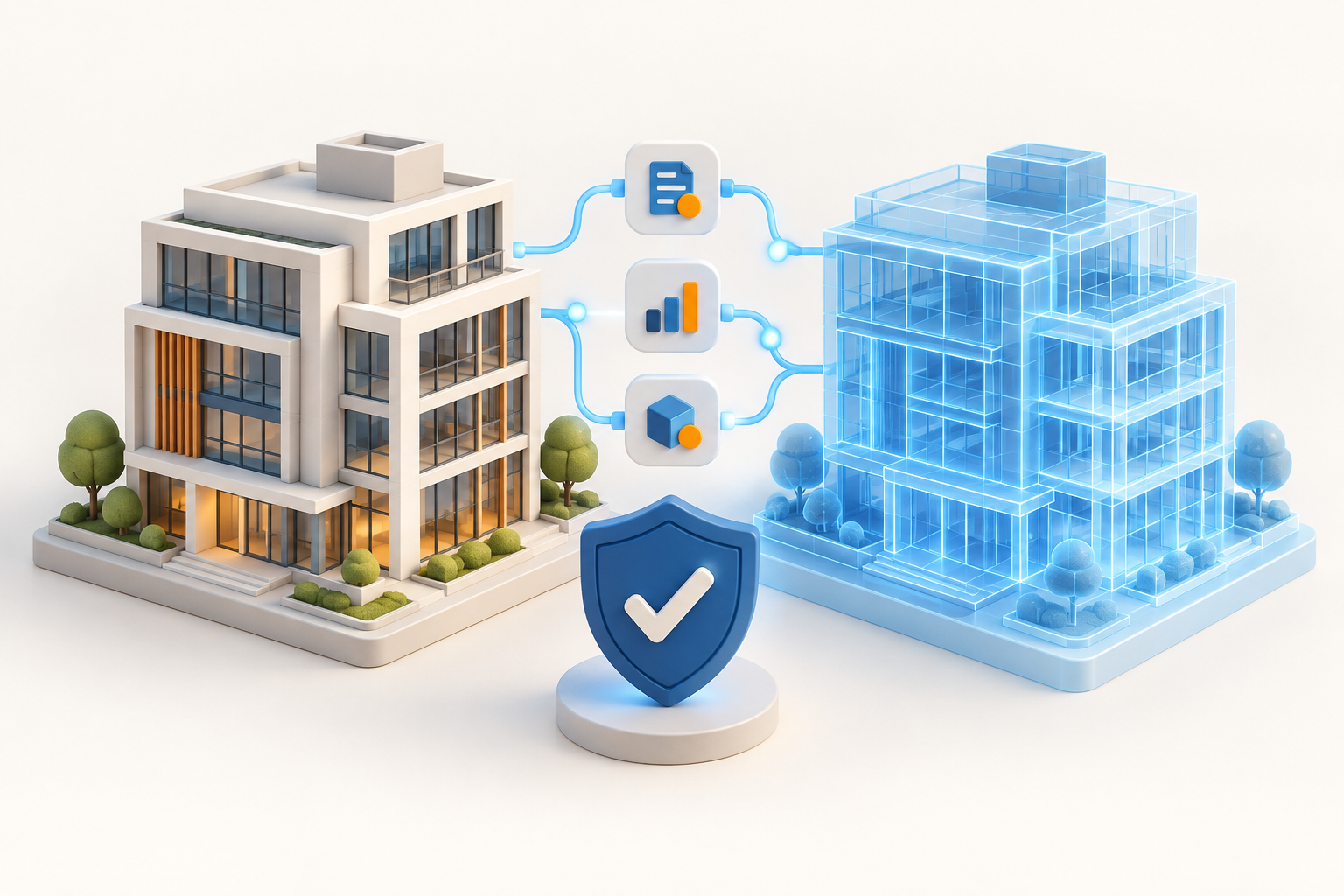 Original 16 October 2026 clay-style conceptual illustration: Digital-twin certification. Not a product screenshot or certified project model.