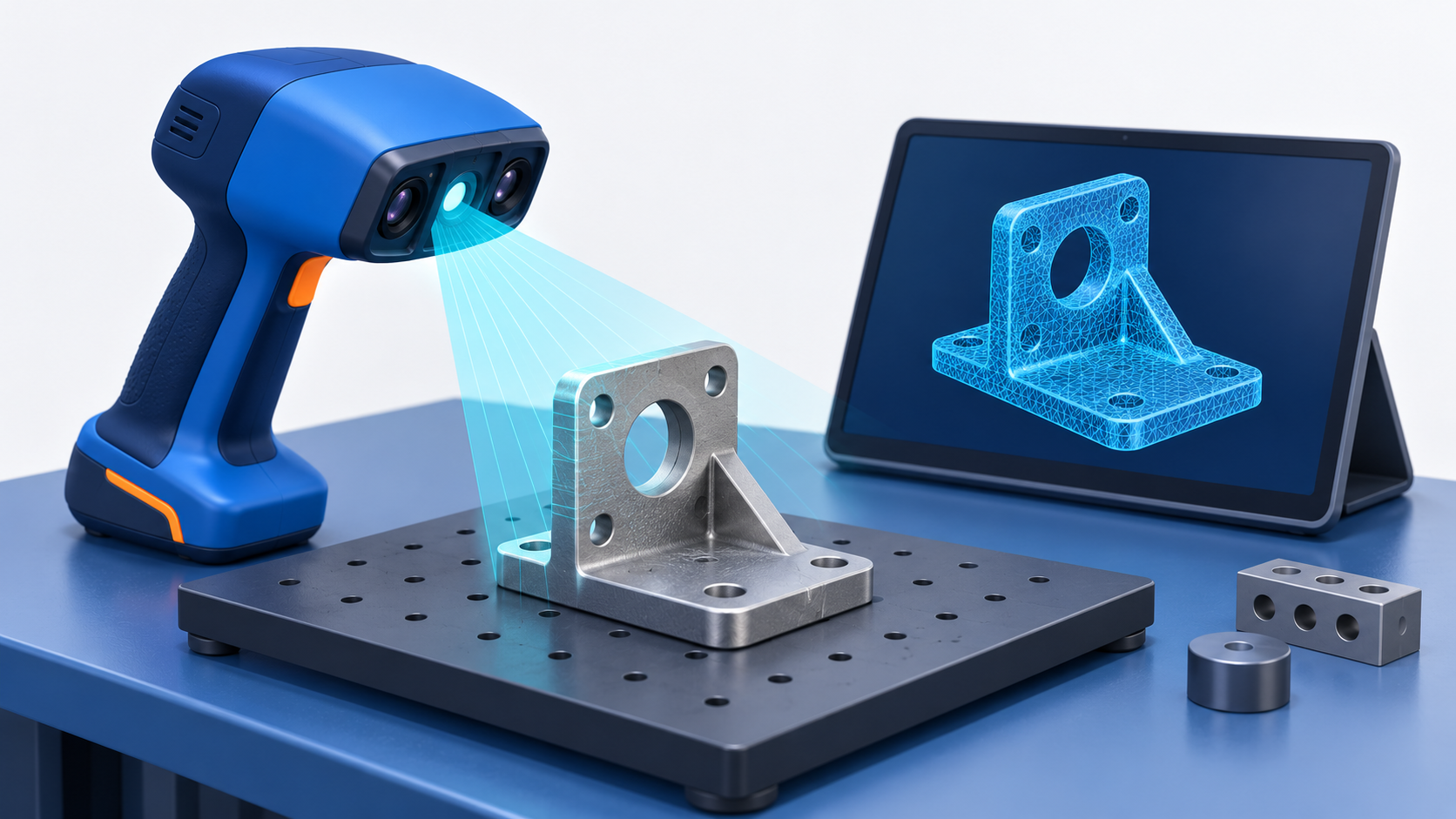 Original AI-generated clay artwork for 20 October 2026: a handheld scanner measures a machined component beside its digital representation, illustrating metrology rather than automatic Scan-to-BIM.