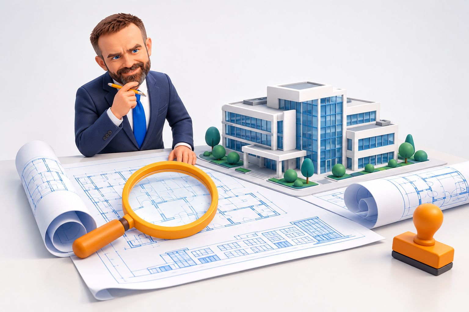Original 14 October 2026 clay-style conceptual illustration: professional review of generated building drawings. Not a product screenshot or verified project model.