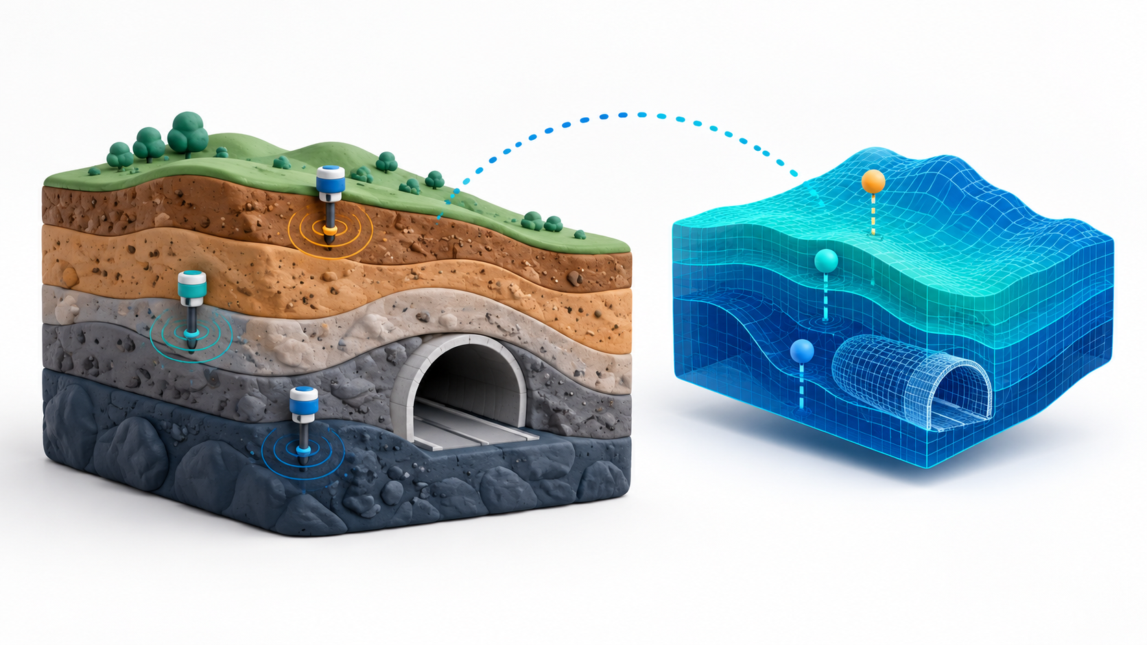 Original AI-generated clay artwork for 20 October 2026: ground sensors and a tunnel cross-section connect to a geotechnical model, illustrating a proposed sensor-to-model integration.