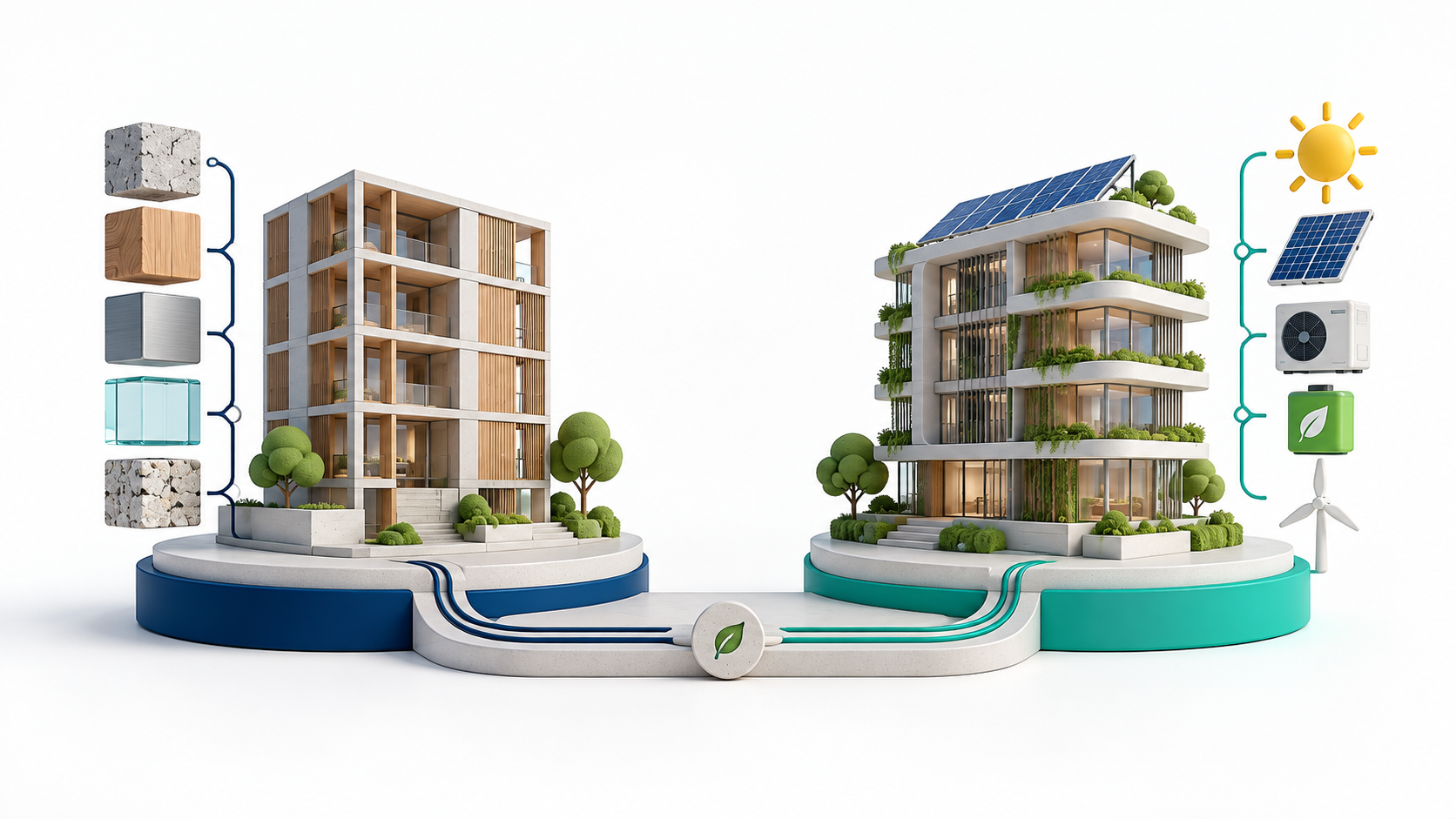 AI-generated clay illustration: two building options with material and energy objects on a shared baseline, illustrating comparable carbon assumptions.
